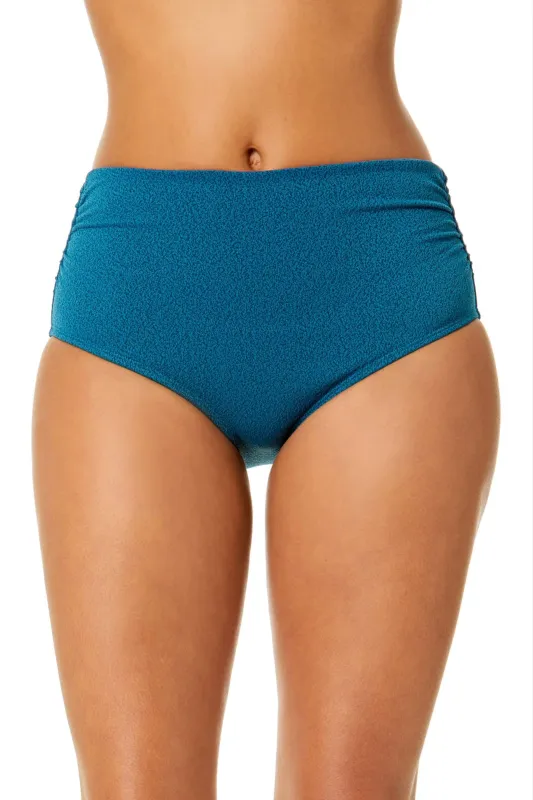 Women's Peruvian Crepe Peacock Fold Over High Waist Shirred Bikini Swim Bottoms made by Anne Cole