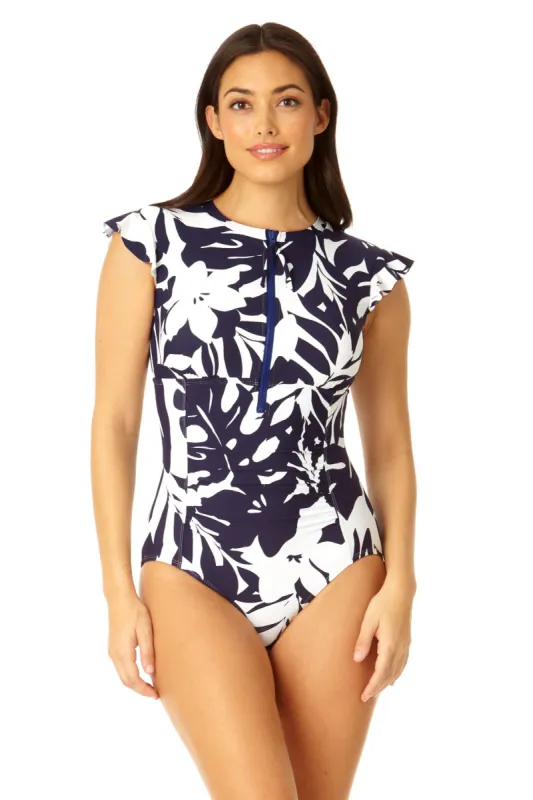 Anne Cole - Women's Flutter Sleeve Zip Up Rash Guard One Piece Swimsuit sold by Anne Cole
