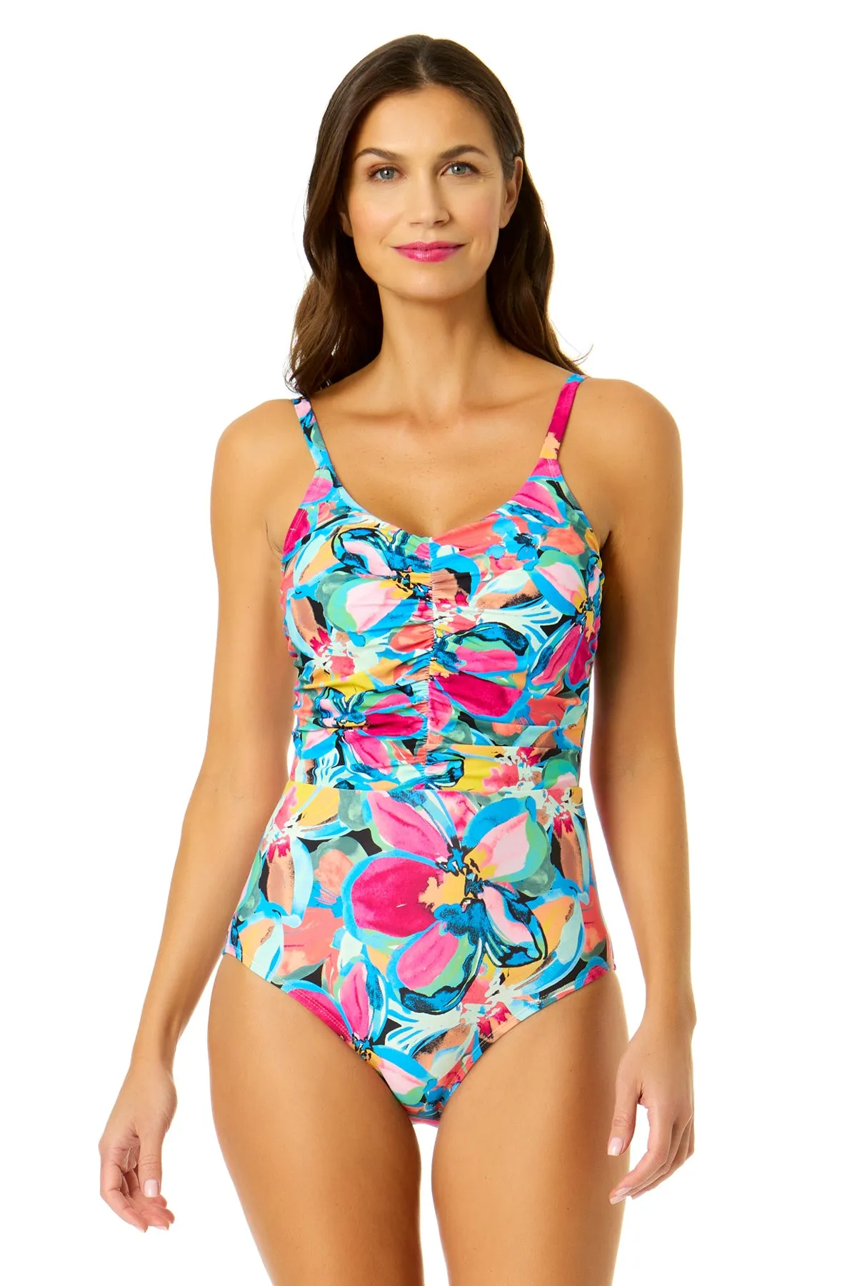 Women's Amalfi Floral Shirred Front V Neck One Piece Swimsuit sold by Anne Cole