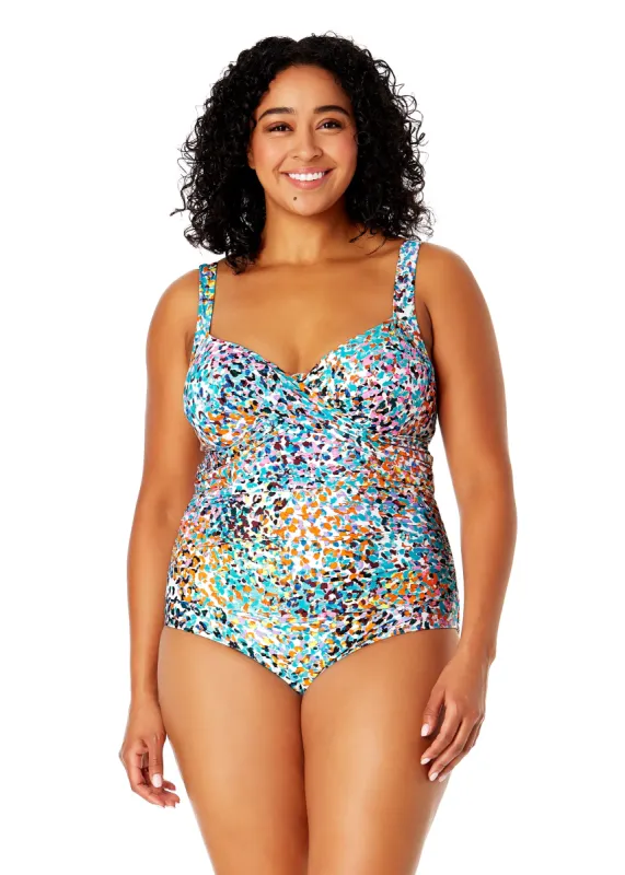 Women's Plus Size Sunset Dot Underwire Surplice One Piece Swimsuit sold by Anne Cole