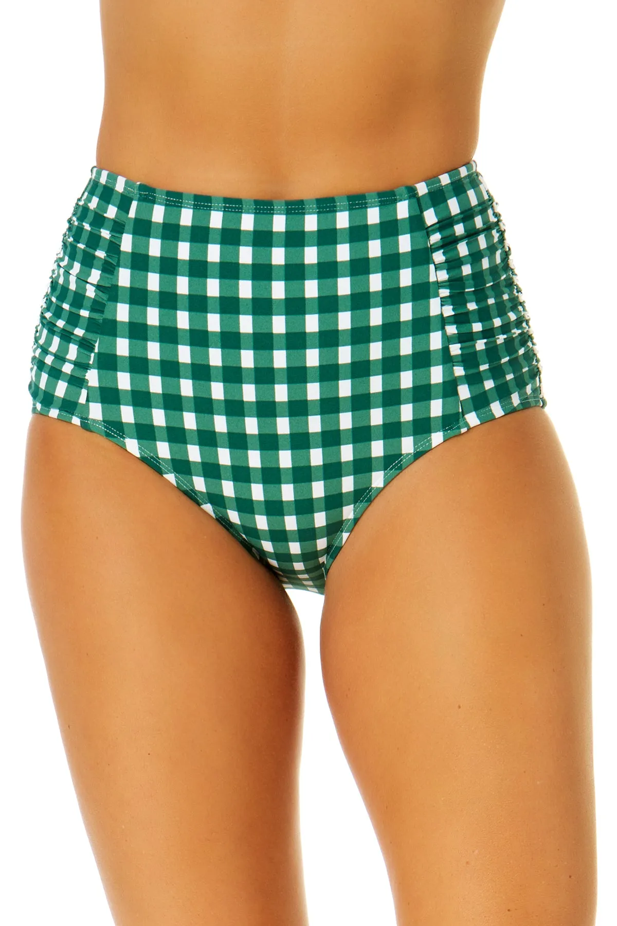 Women's Green Gingham Shirred High Waist Tummy Control Bikini Bottom sold by Anne Cole