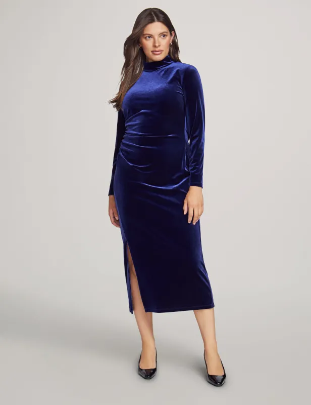 Velvet Mock Neck Ruched Midi Dress sold by Anne Klein