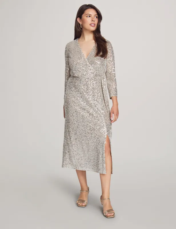 Sequin Long Sleeve Faux Wrap Midi Dress sold by Anne Klein
