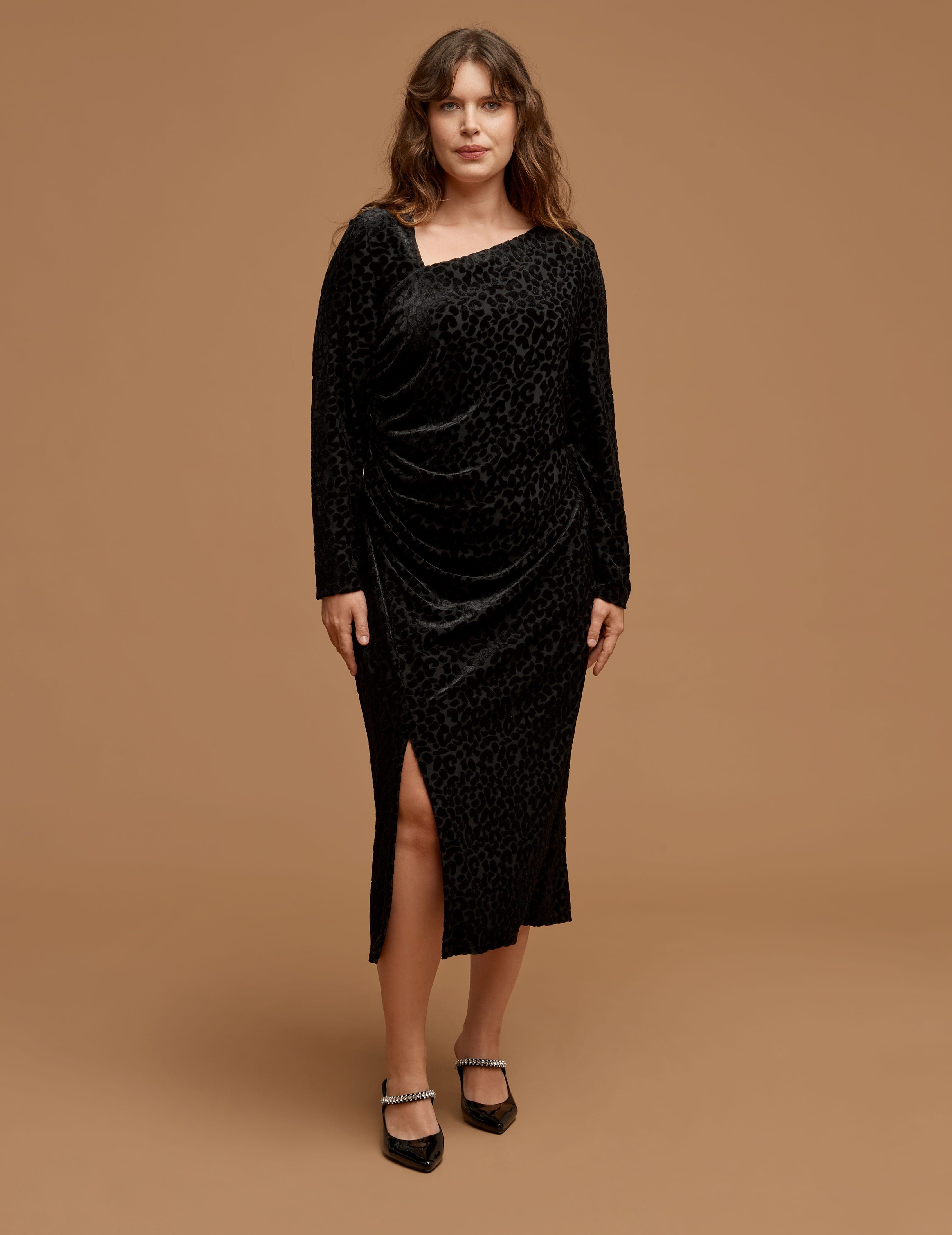 Plus Size Asymmetrical Neck Ruched Midi Dress sold by Anne Klein