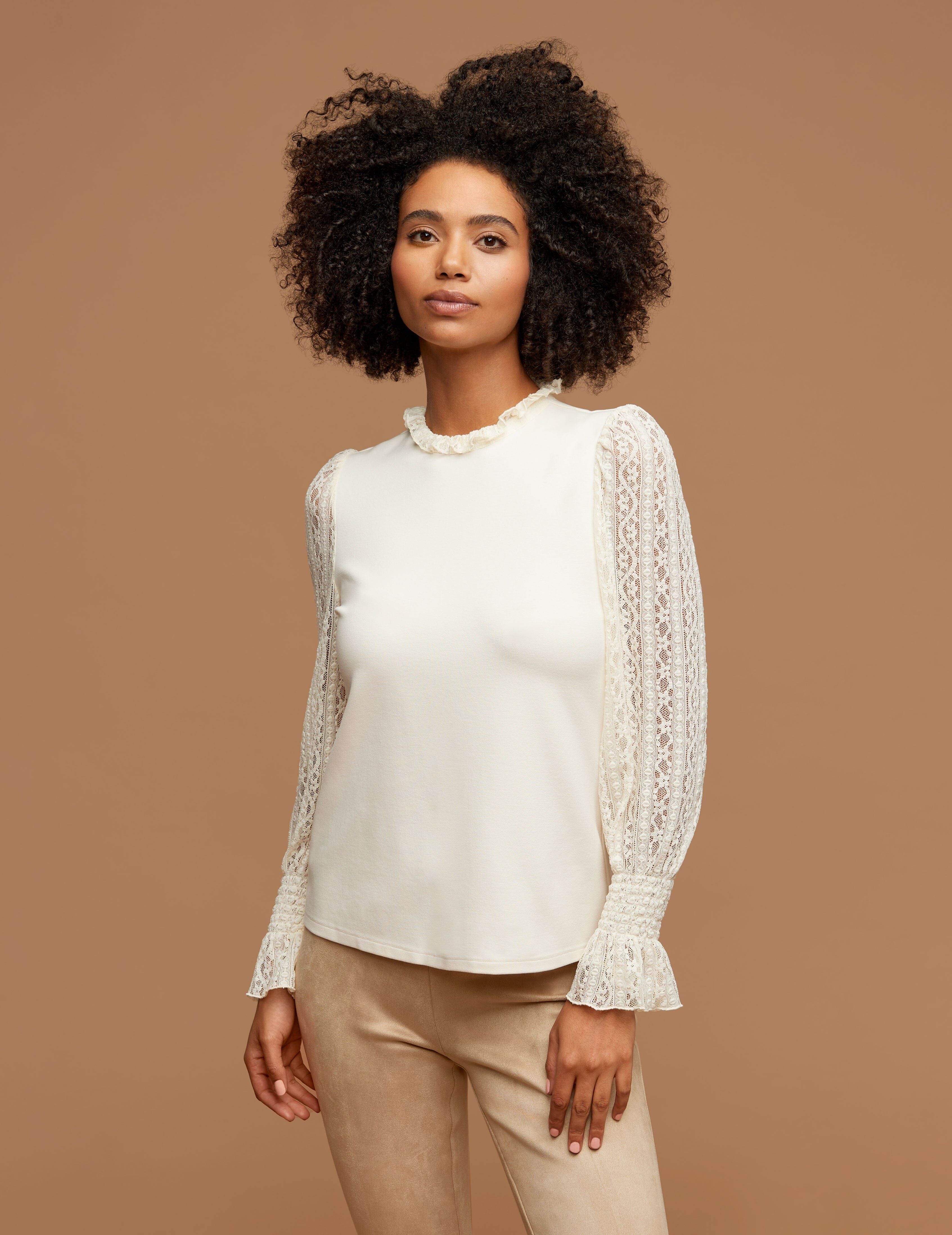 Ruffle Neck Top With Lace Sleeves sold by Anne Klein