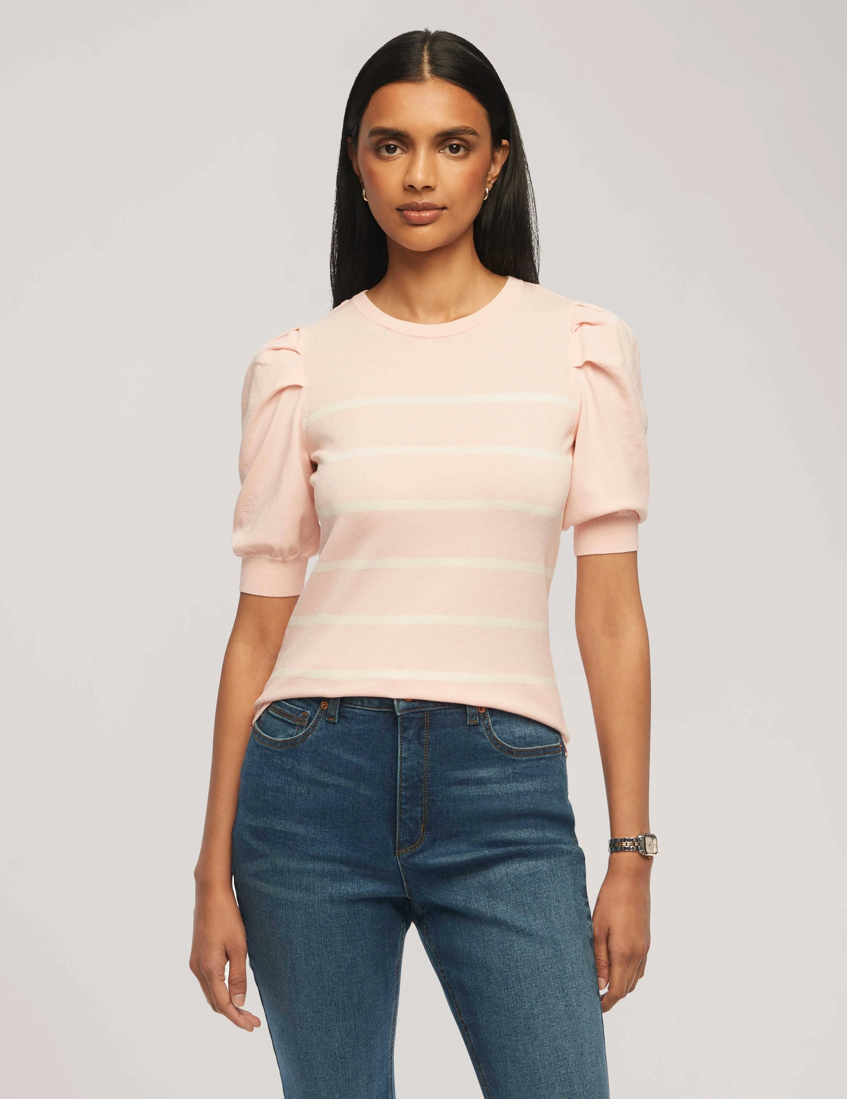 Short Puff Sleeve Crew Neck With Stripes- Sale sold by Anne Klein