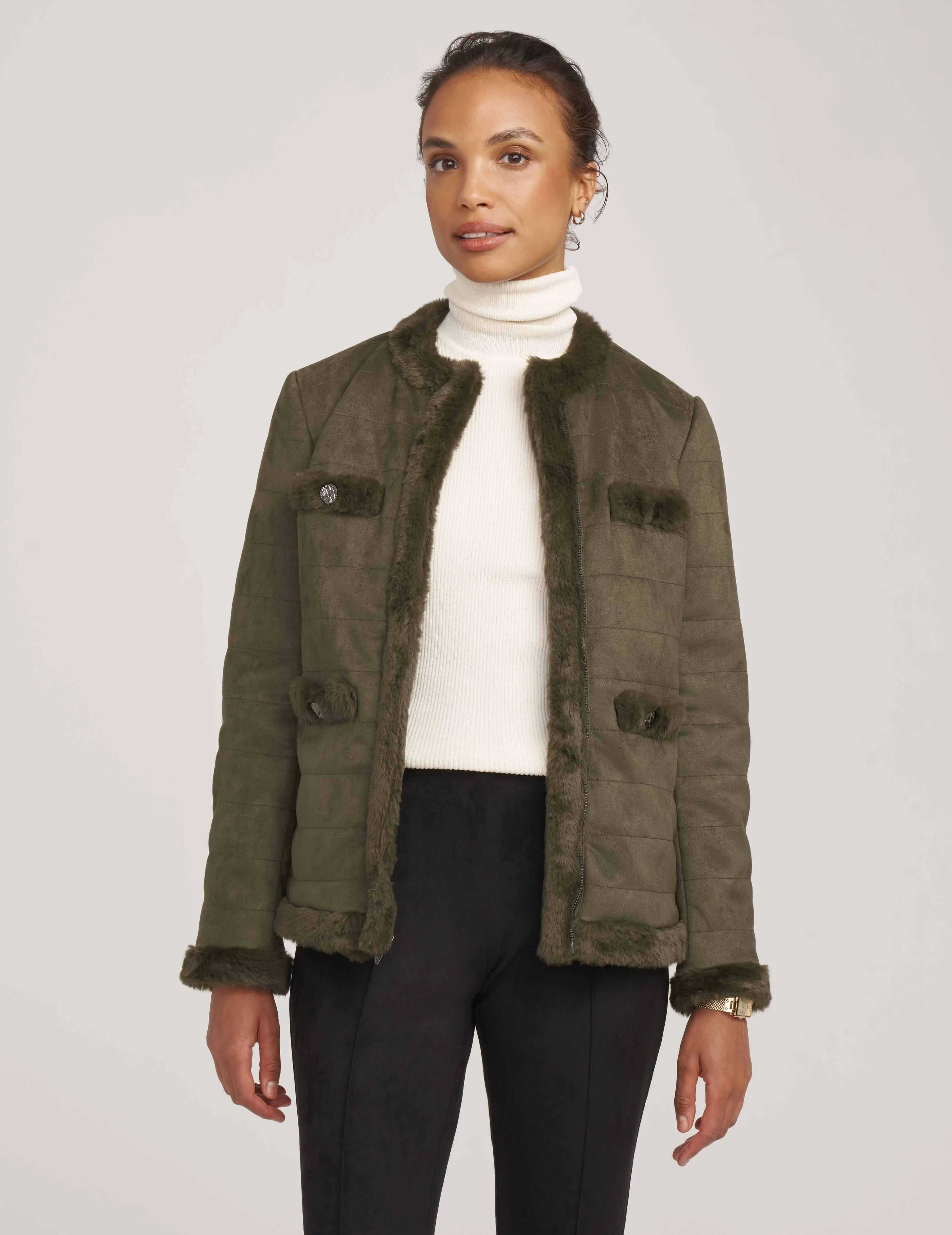 Quilted Scuba Suede Jacket With Fur Trim- Sale sold by Anne Klein product image thumbnail 4