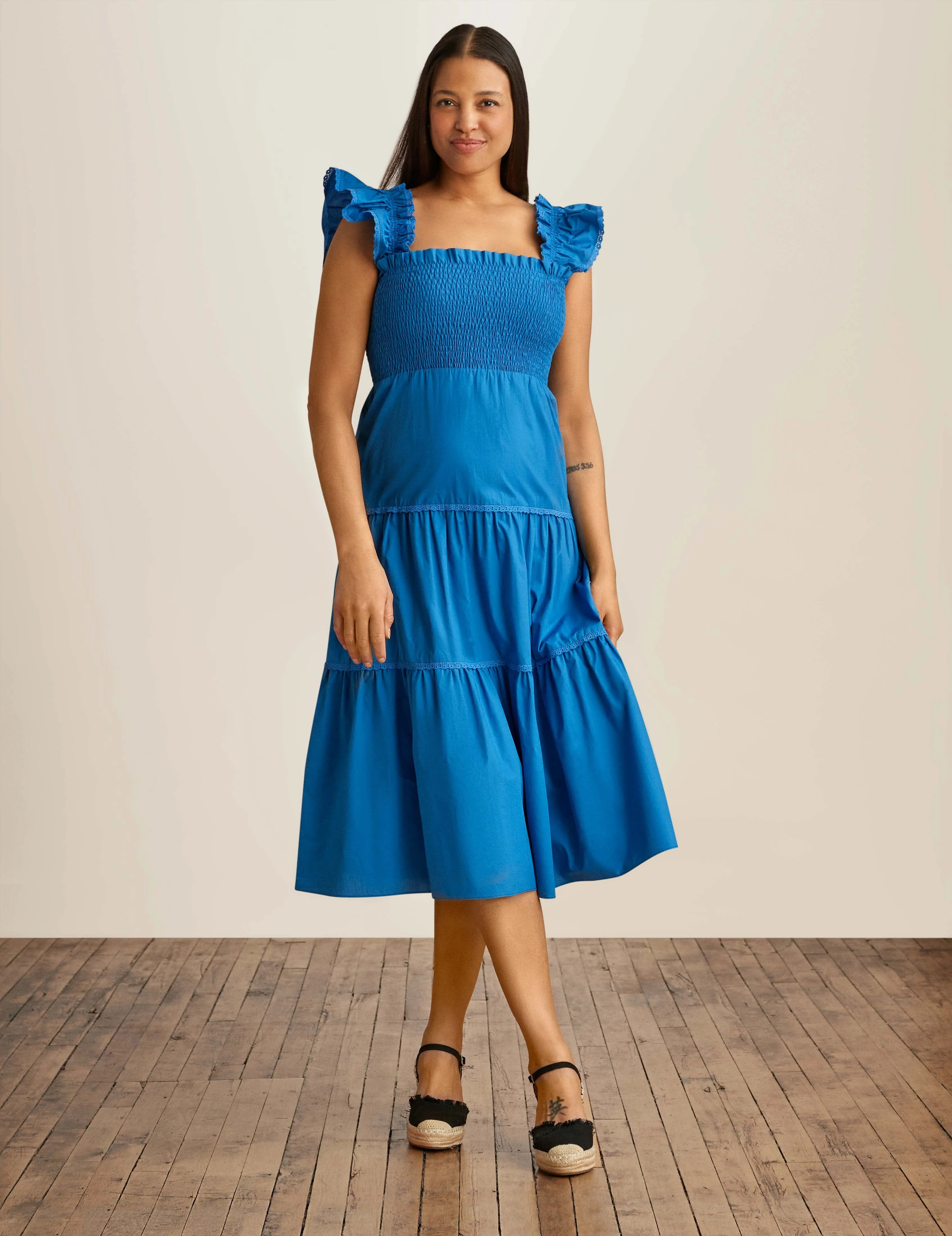 Smocked Ruffle Shoulder Tiered Midi Dress sold by Anne Klein