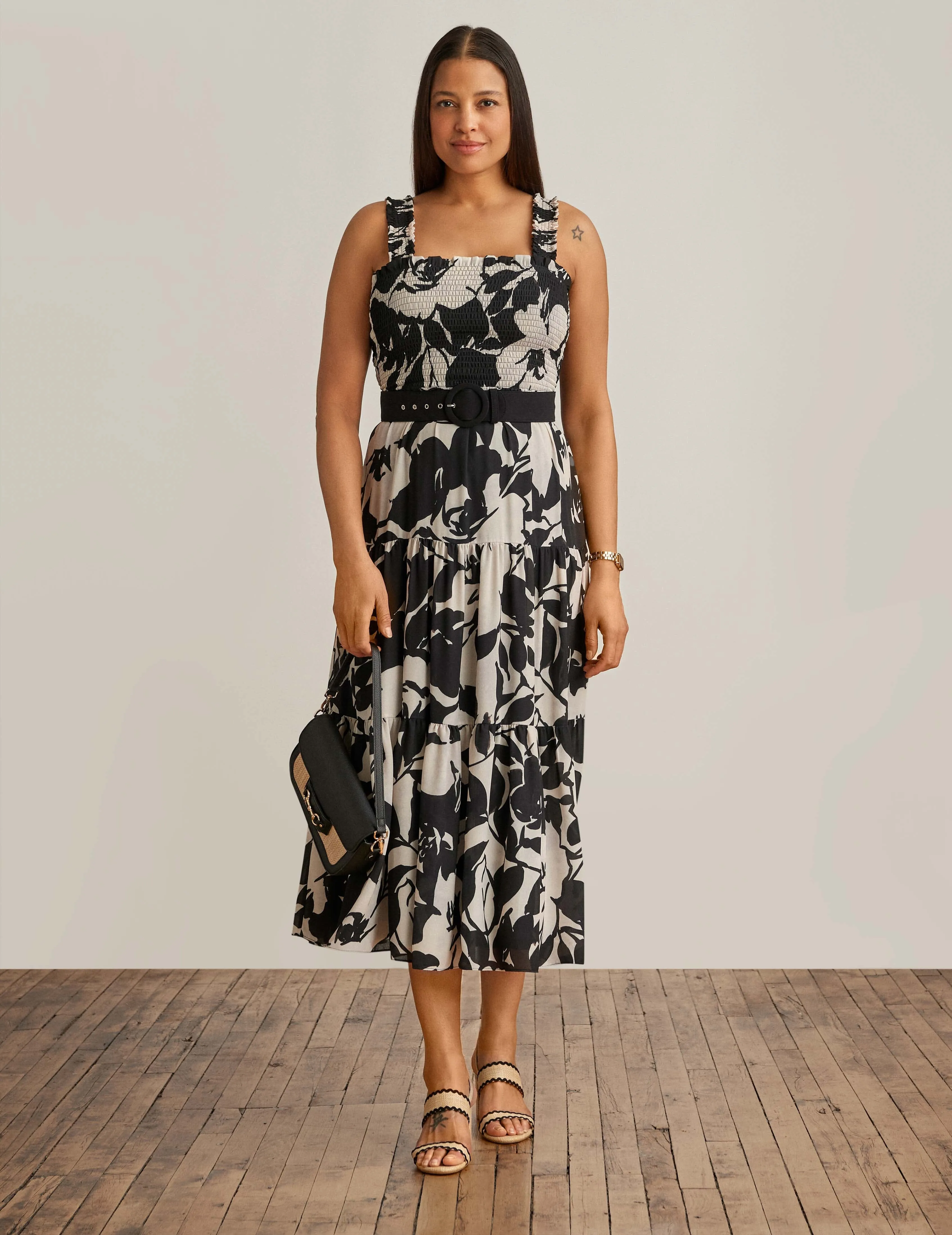 Smocked Bodice Midi Dress sold by Anne Klein