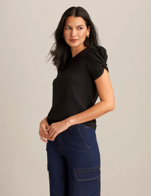 Costal Knit Twisted Puff Sleeve Top sold by Anne Klein