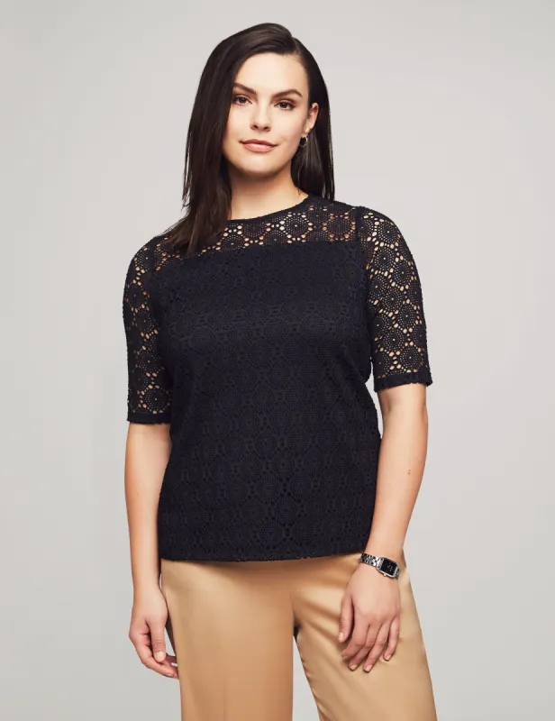 Lace Knit Elbow Sleeve Lace Tee- Sale made by Anne Klein