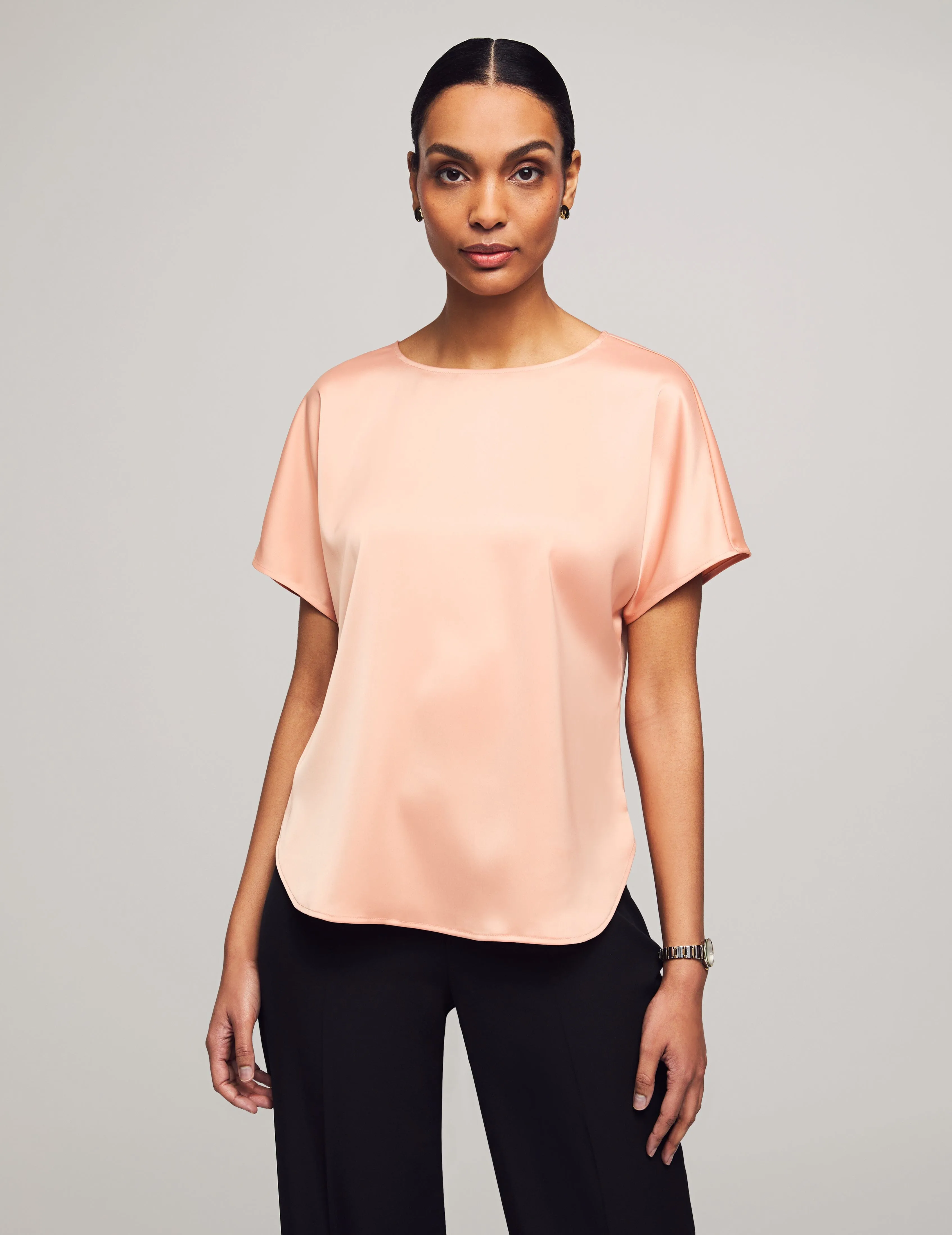 Short Sleeve Satin Blouse With Bateau Neckline- Sale sold by Anne Klein