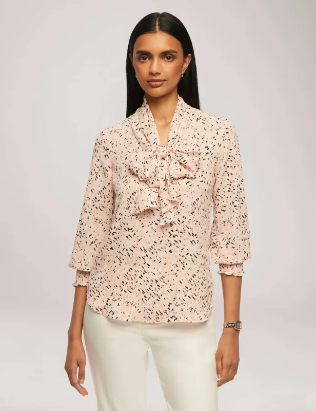 Printed Smocked Cuff Bow Blouse sold by Anne Klein
