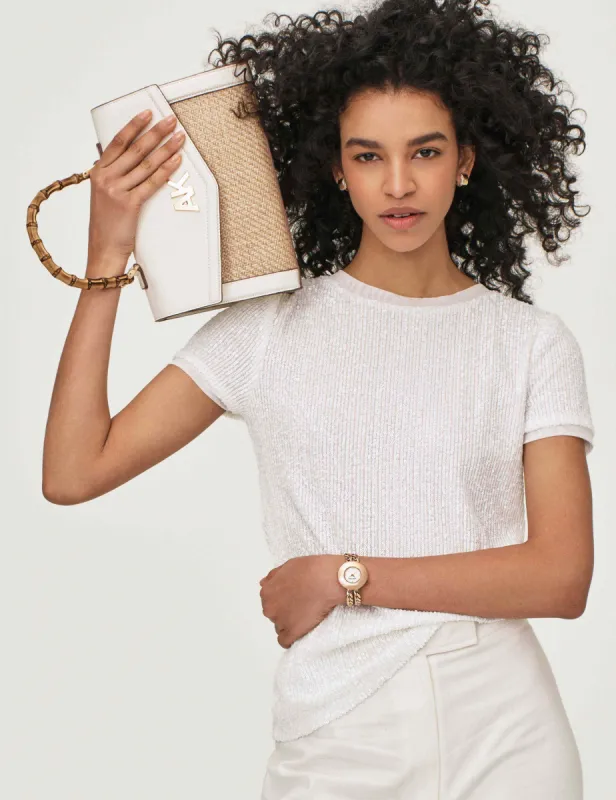 Sequin Mesh W Triple Mesh Short Sleeve Banded Tee sold by Anne Klein