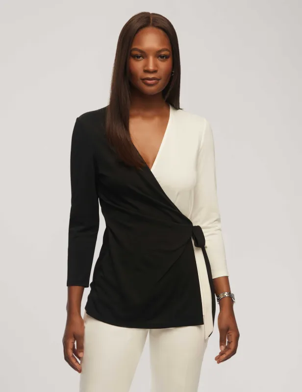 Harmony Knit Long Sleeve Color Block Wrap Top made by Kasper
