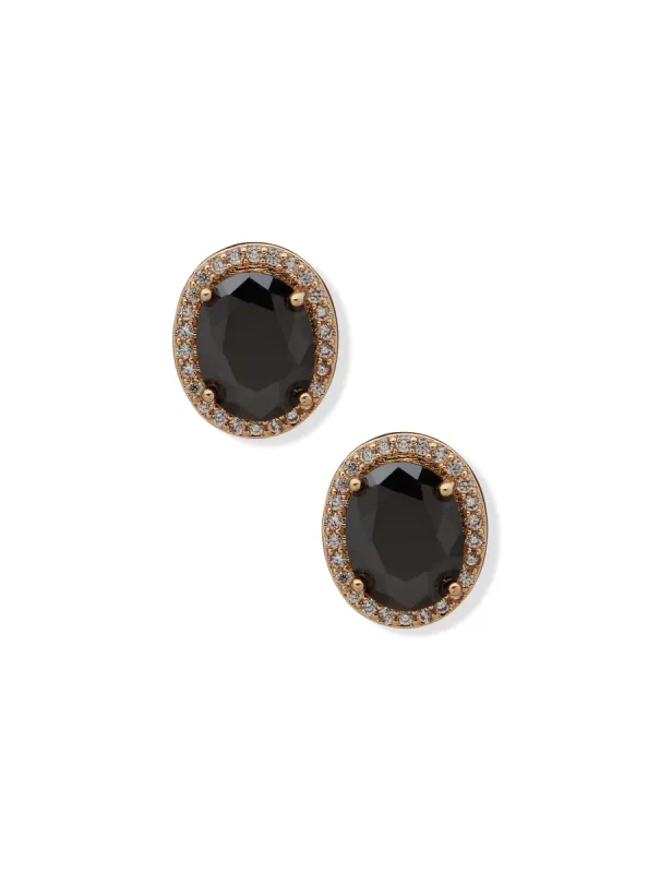 Oval Halo Button Jet Pierced Earrings sold by Anne Klein