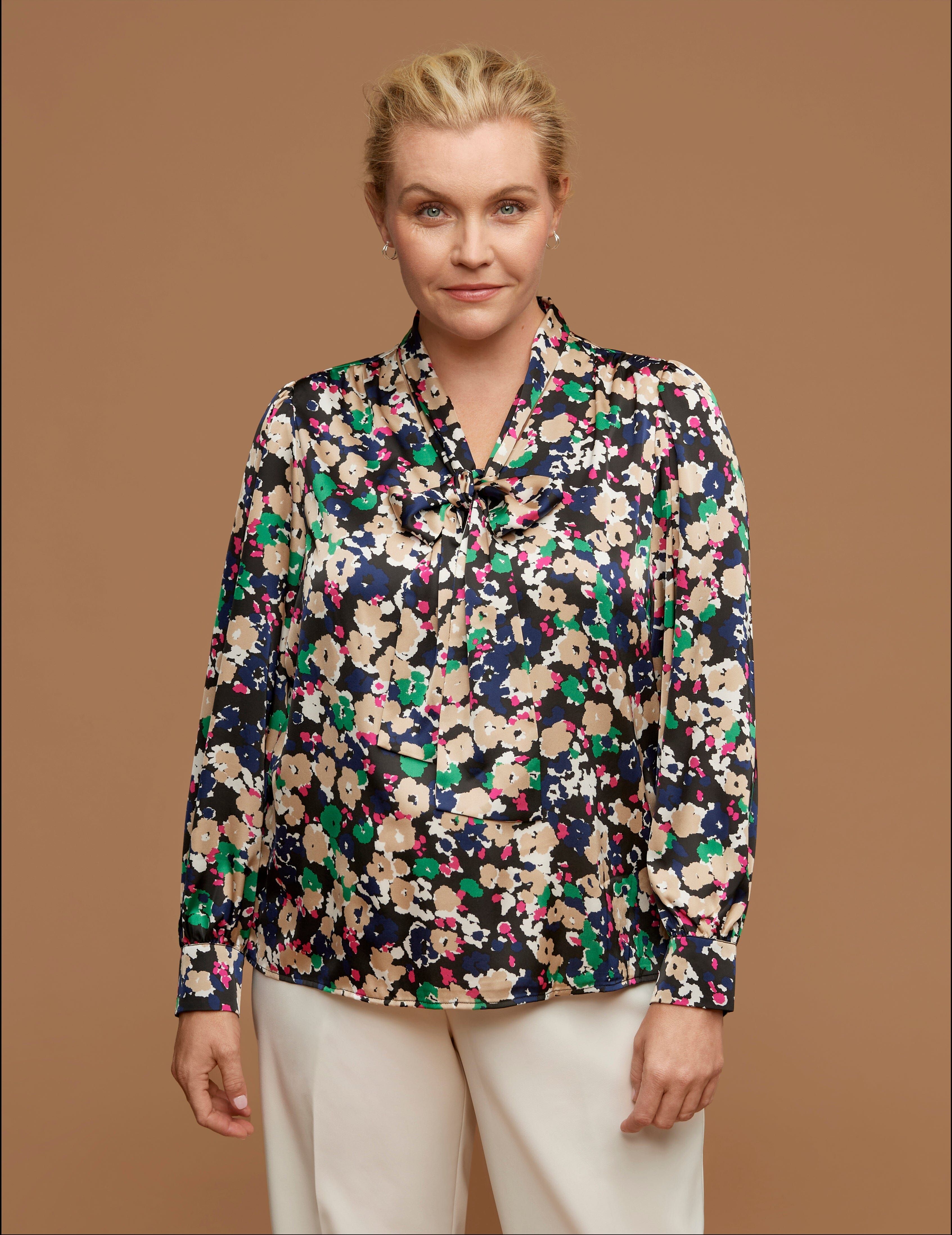 Plus Size Long Sleeve Tie-Neck Printed Blouse sold by Anne Klein