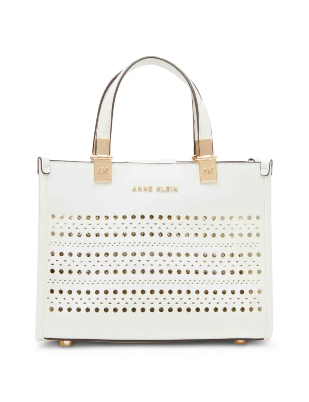 Perforated Mini Satchel With Convertible Straw Crossbody sold by Anne Klein