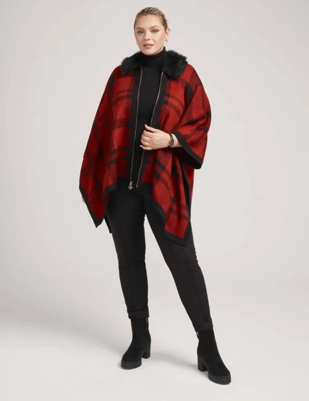 Plus Size Plaid Front Zip Front Poncho With Fur- Clearance sold by Anne Klein