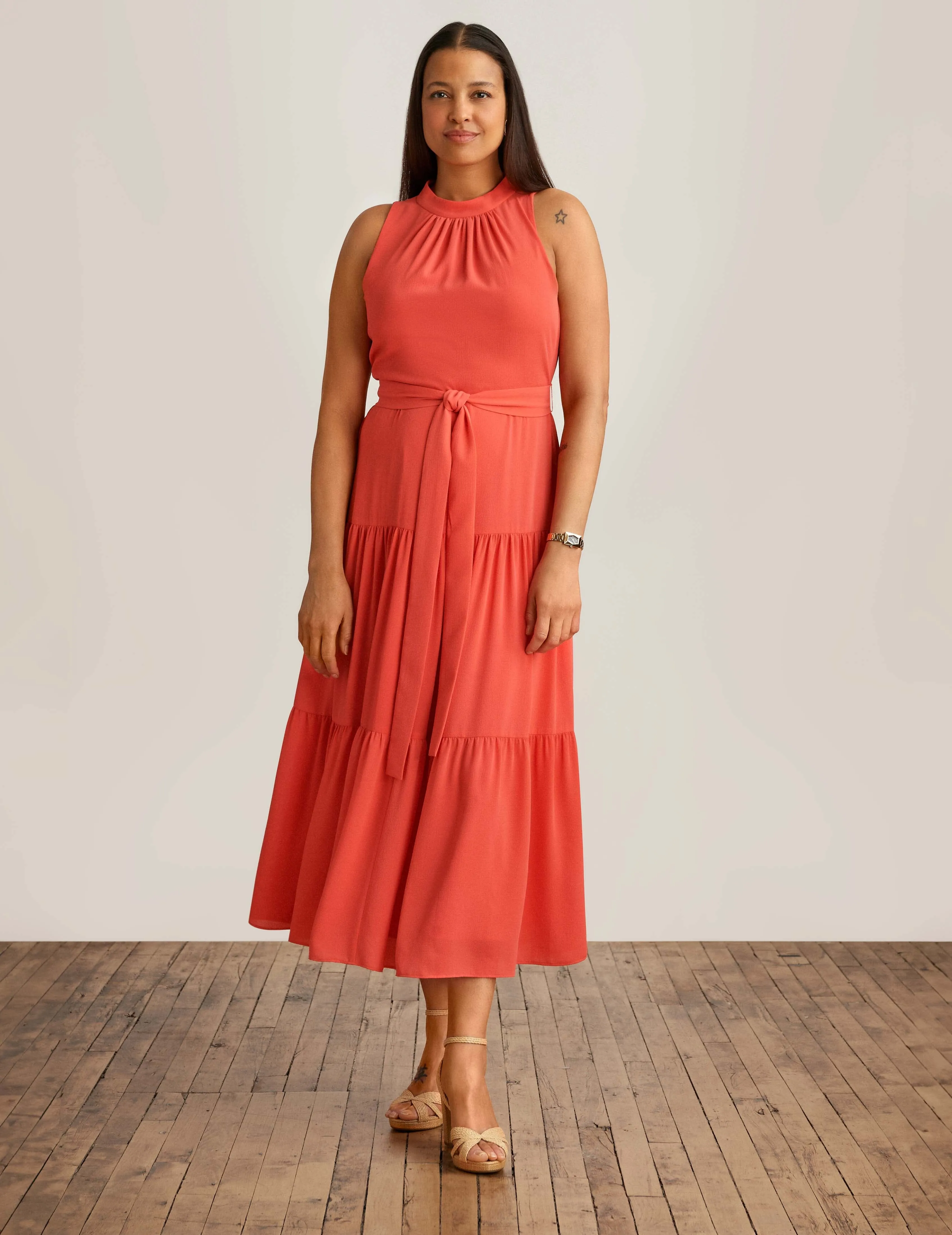 Petite Tiered Tie Neck Maxi Dress sold by Anne Klein