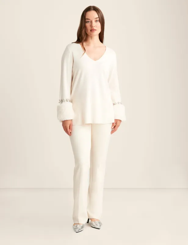 Fur Cuffed V Neck Top sold by Anne Klein