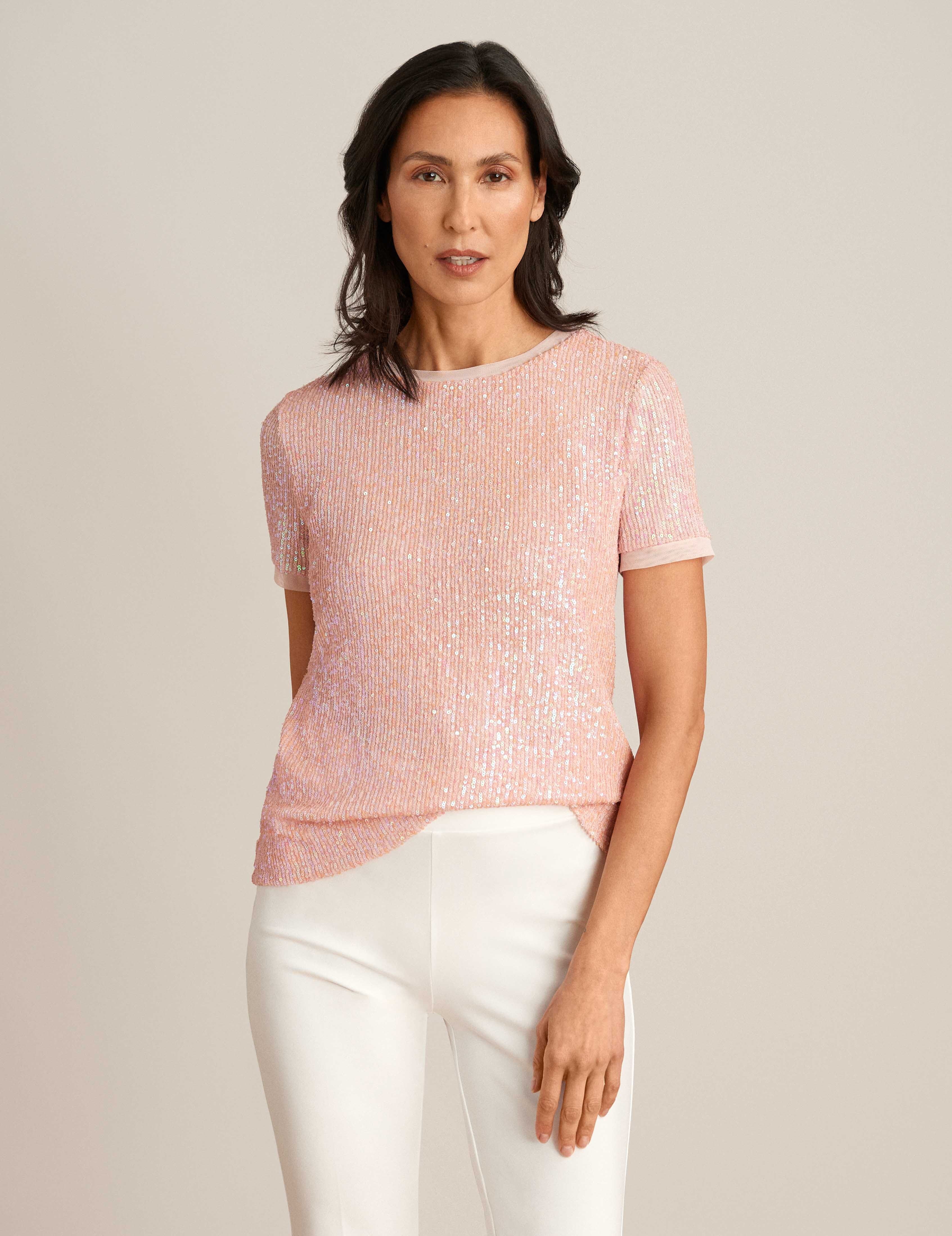 Sequin Mesh Short Sleeve Banded Tee sold by Anne Klein