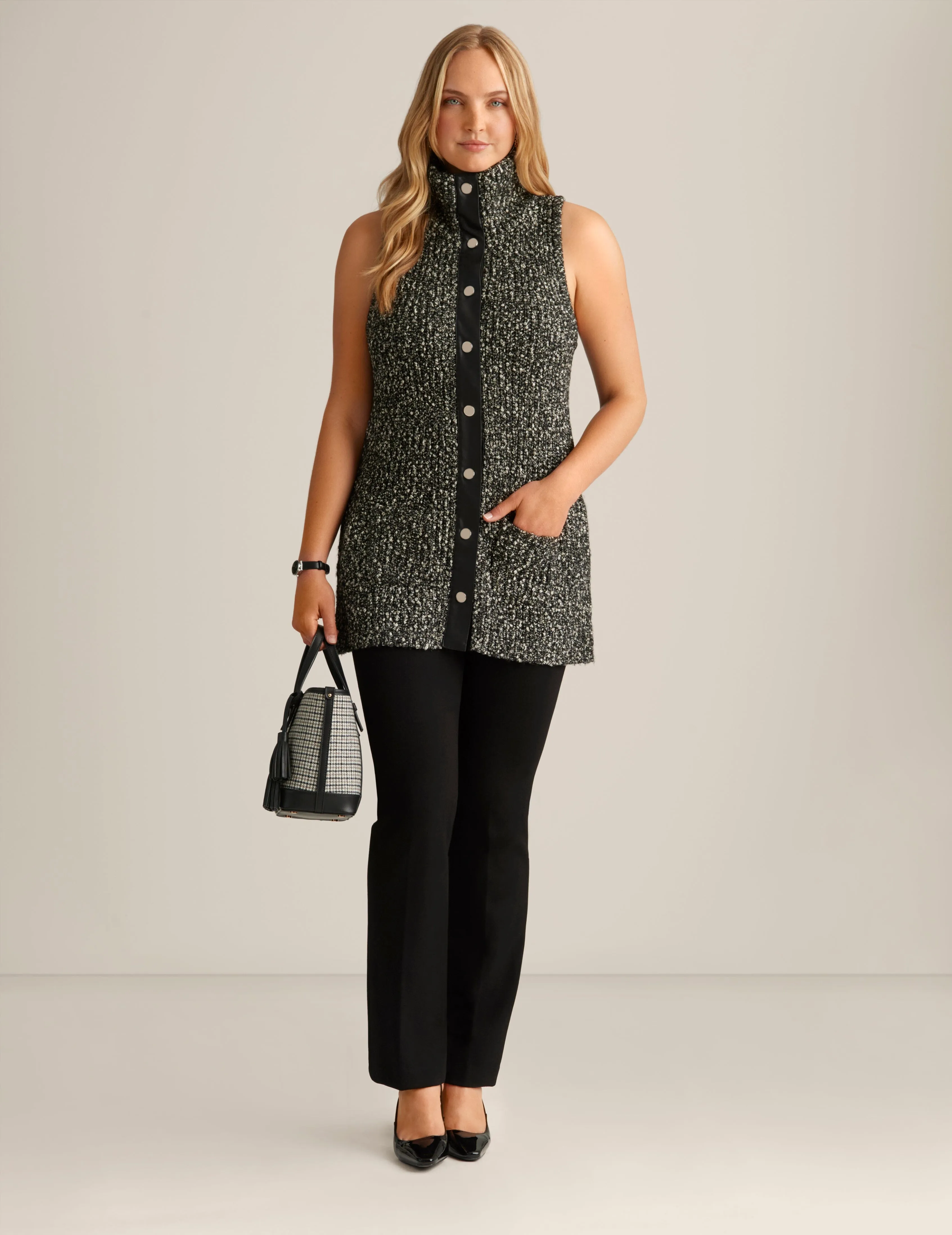 Faux Leather Trim Boucle Vest sold by Anne Klein