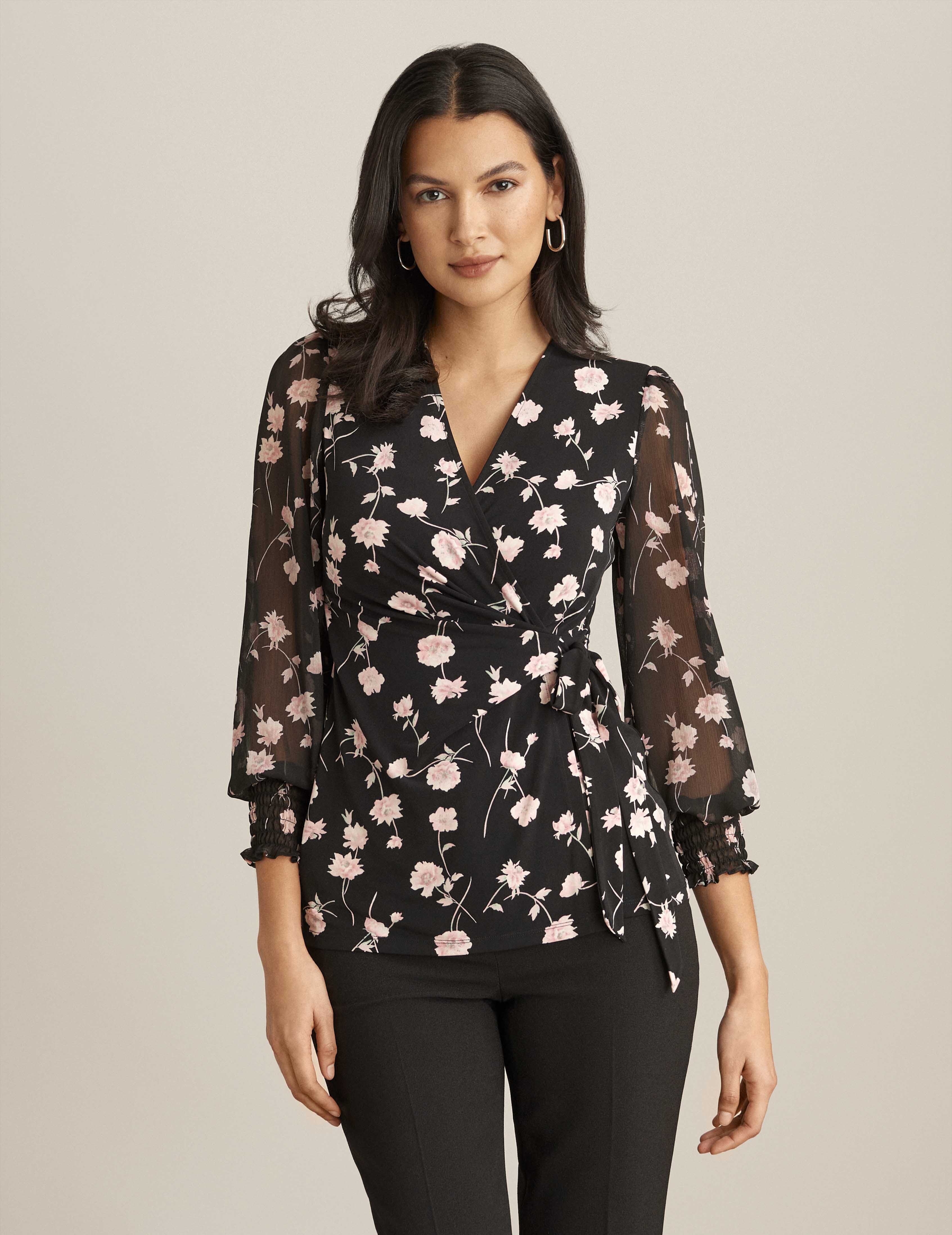 Printed Wrap Top with Sheer Sleeves sold by Anne Klein