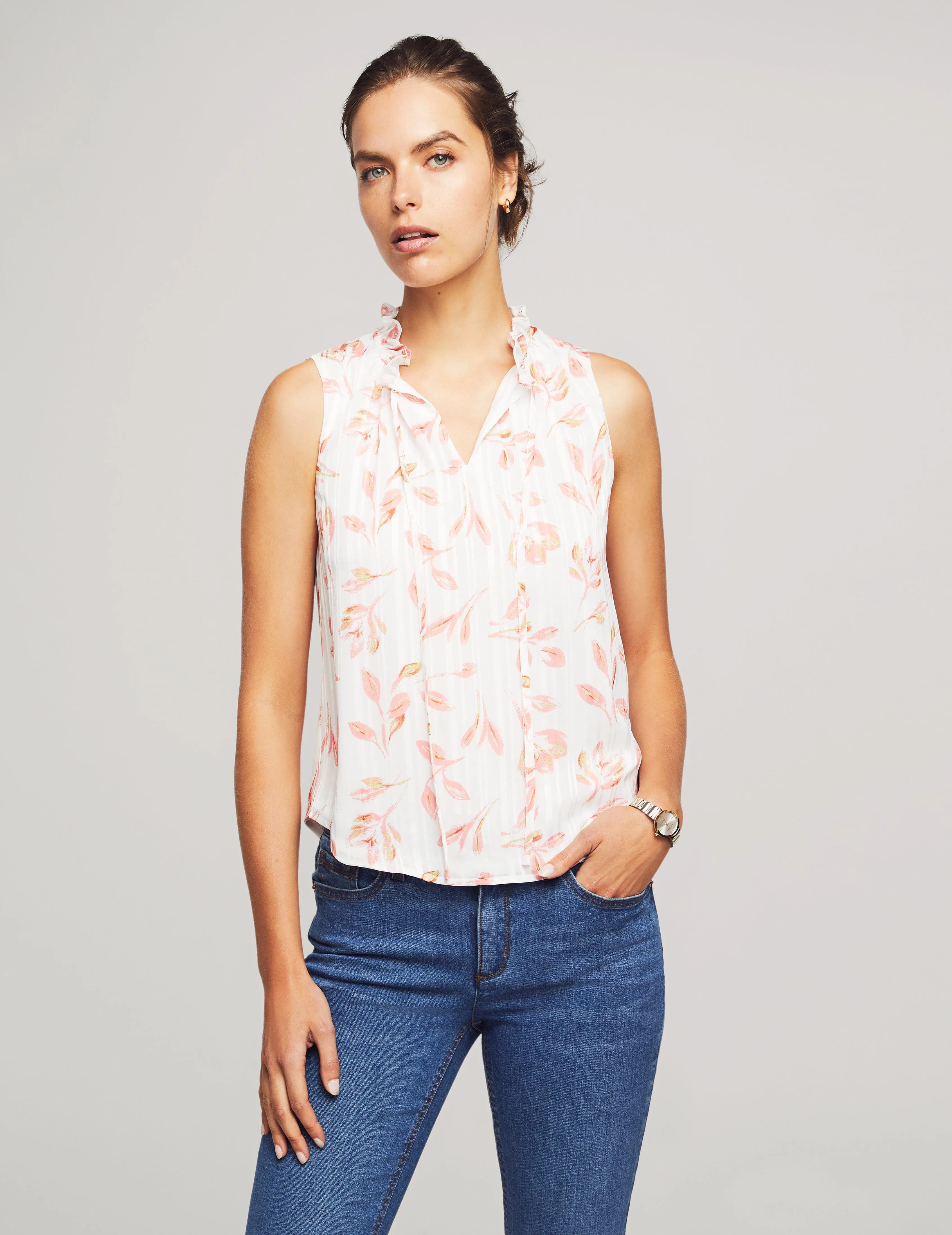 Printed Satin Stripe Sleeveless Ruffle Sleeve Tie Blouse- Sale sold by Anne Klein