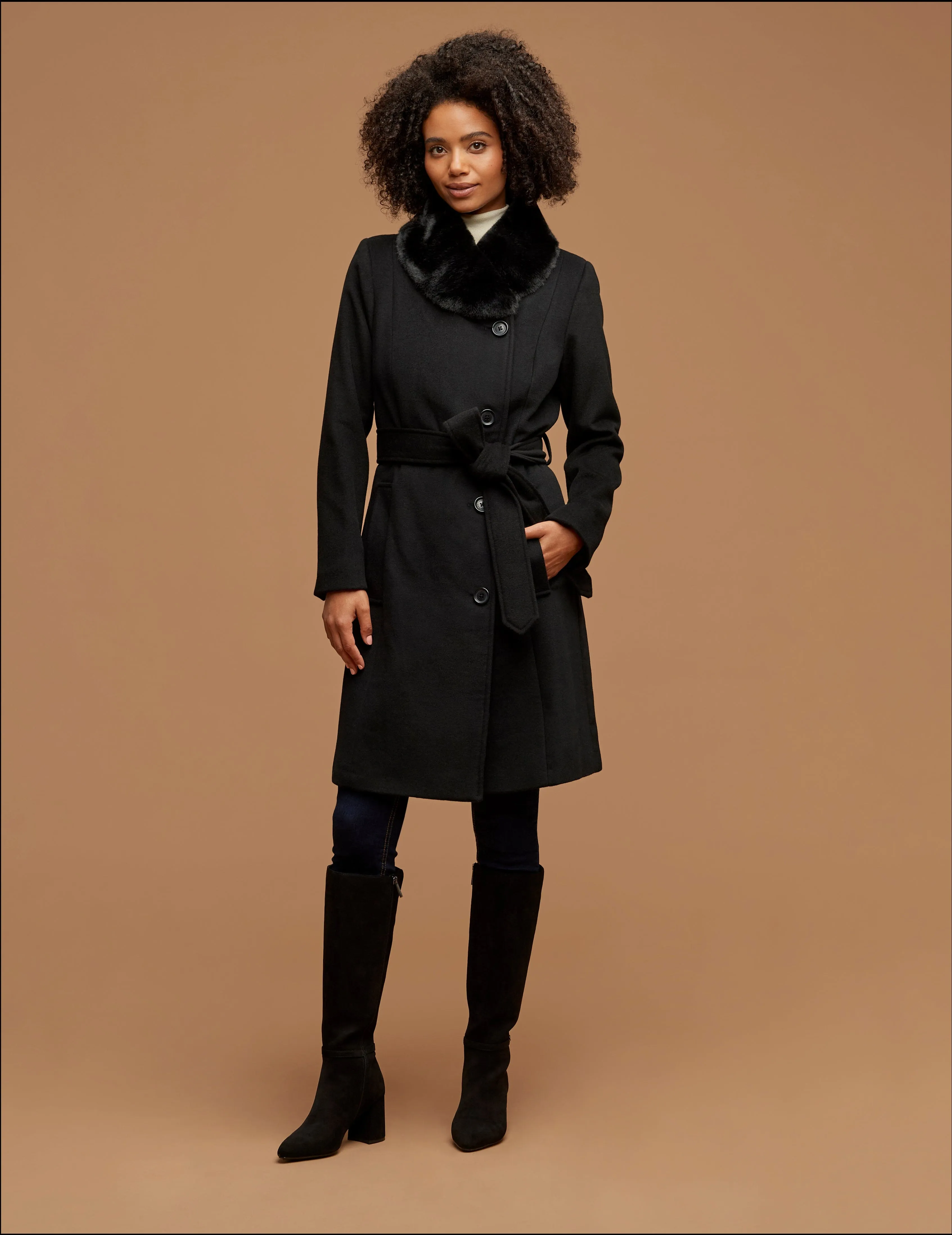 Belted Wrap Wool Coat With Fur Collar sold by Anne Klein