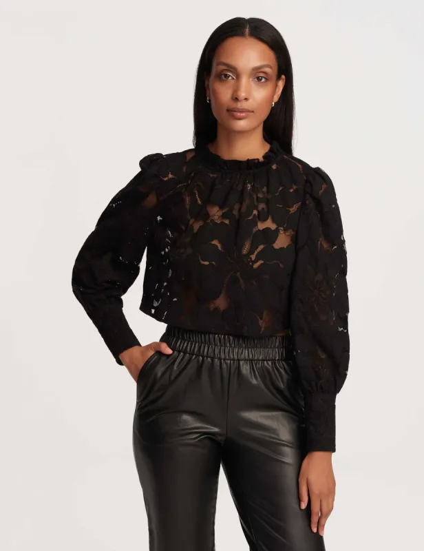 Cropped Ruffle Neck Blouse With Floral Lace- Sale sold by Anne Klein