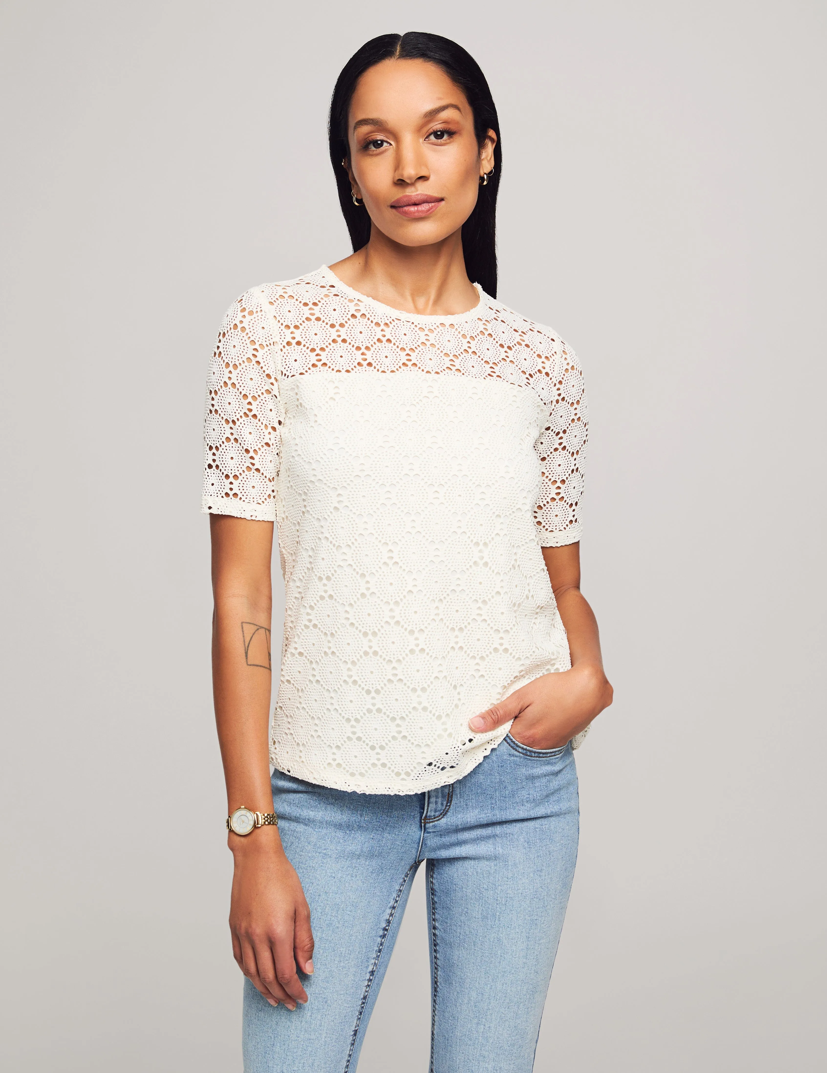 Lace Knit Elbow Sleeve Lace Tee- Sale sold by Anne Klein