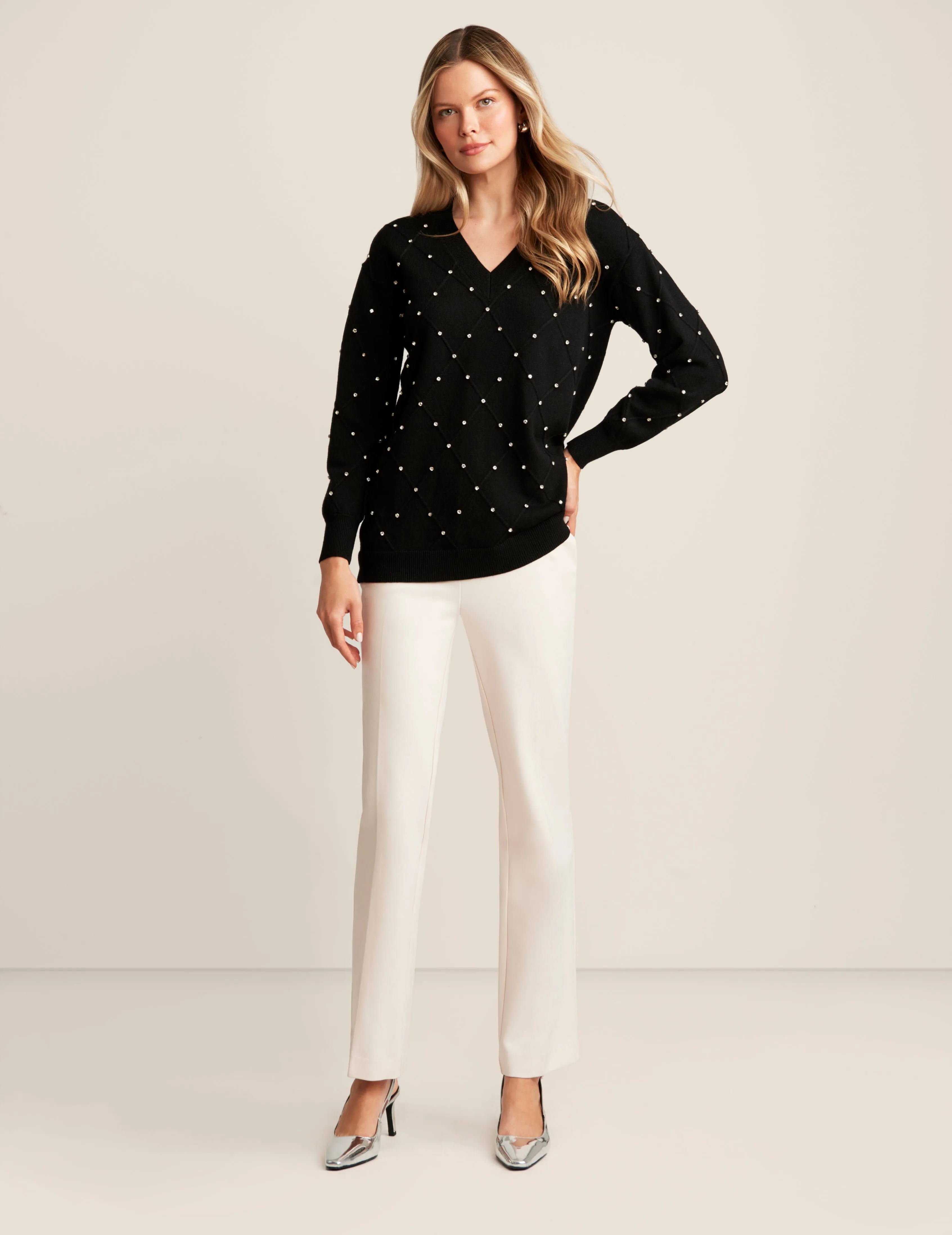 Embellished V Neck Sweater sold by Anne Klein