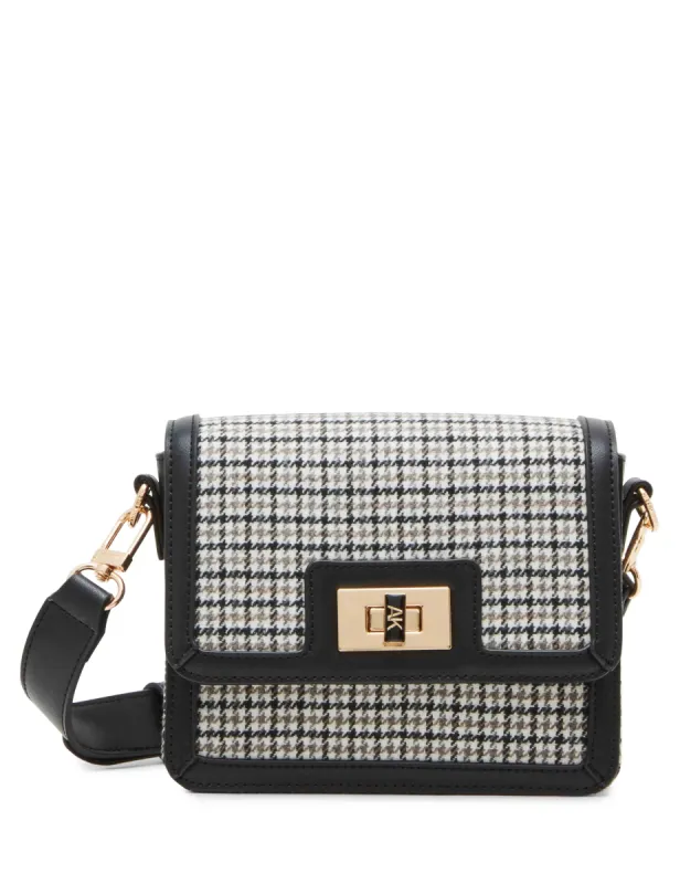 Flap Crossbody In Micro Houndstooth With Enamel Turn Lock sold by Anne Klein