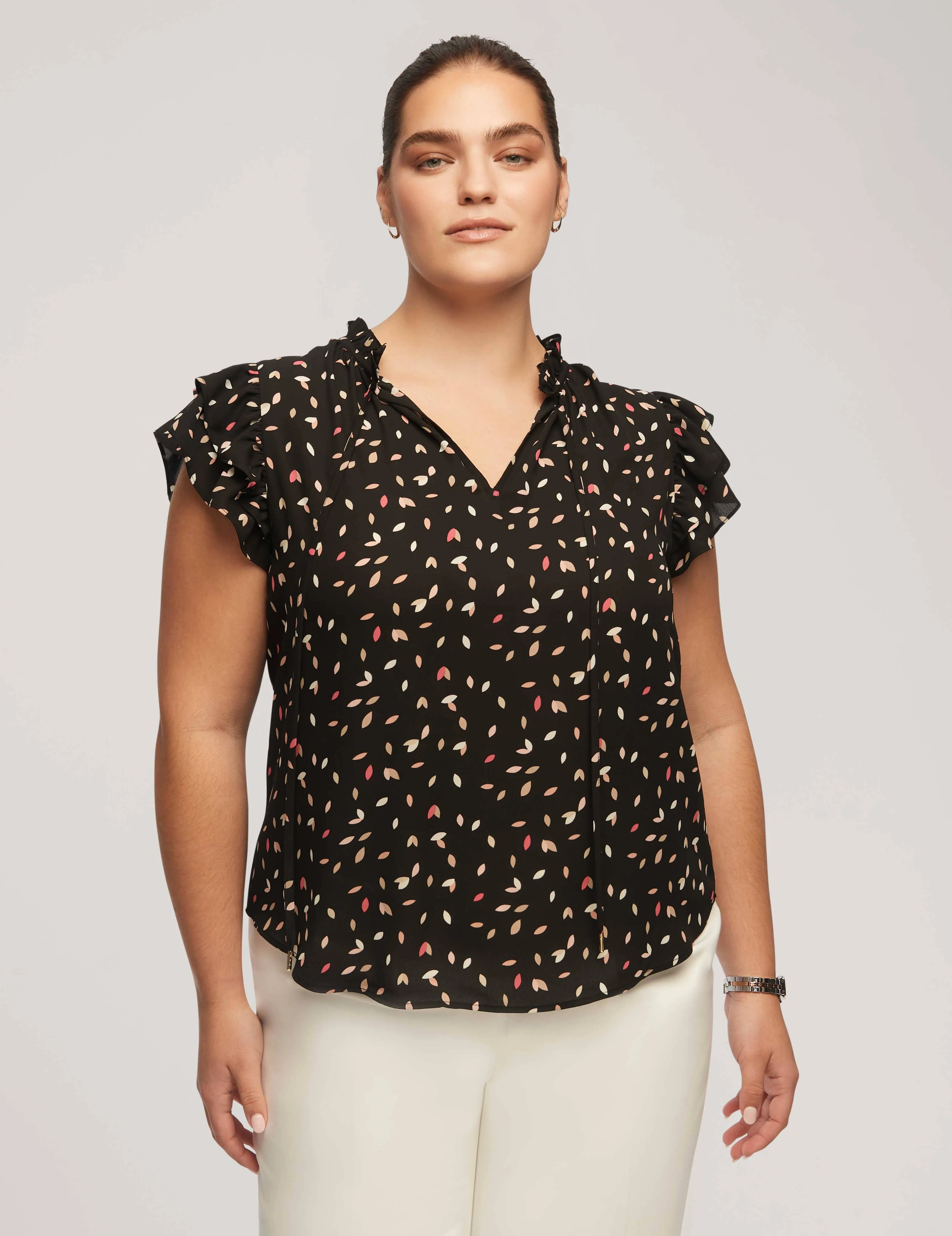 Plus Size Printed Sleeveless Ruffle Tie Blouse - Sale sold by Anne Klein