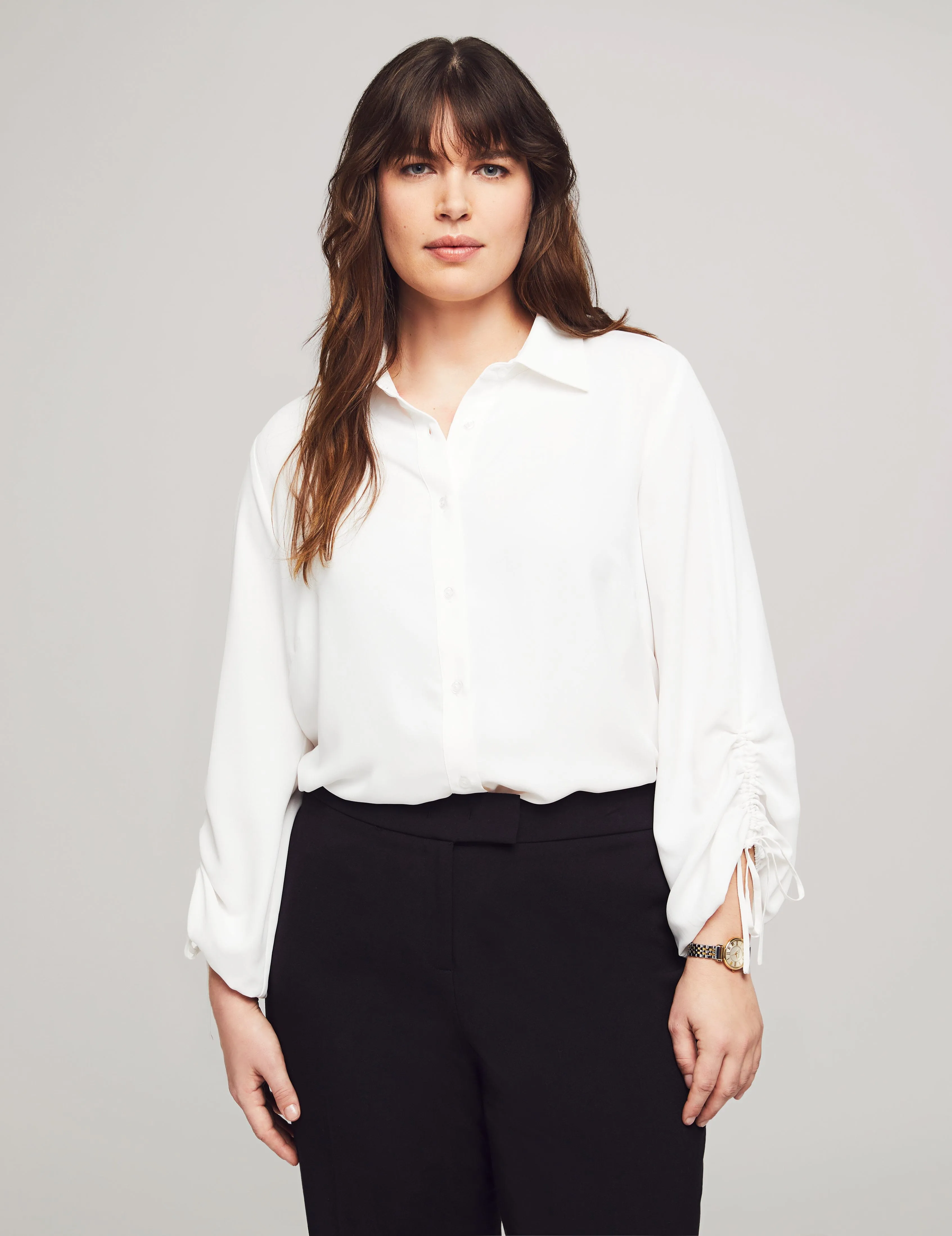 Plus Size Ruched Sleeve Button-Down Blouse - Sale sold by Anne Klein