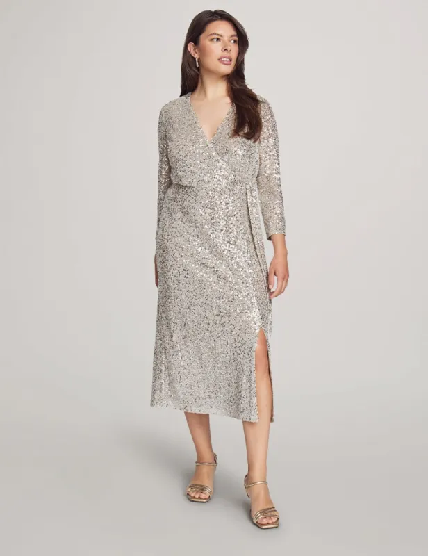 Sequin Long Sleeve Faux Wrap Midi Dress - Sale sold by Anne Klein