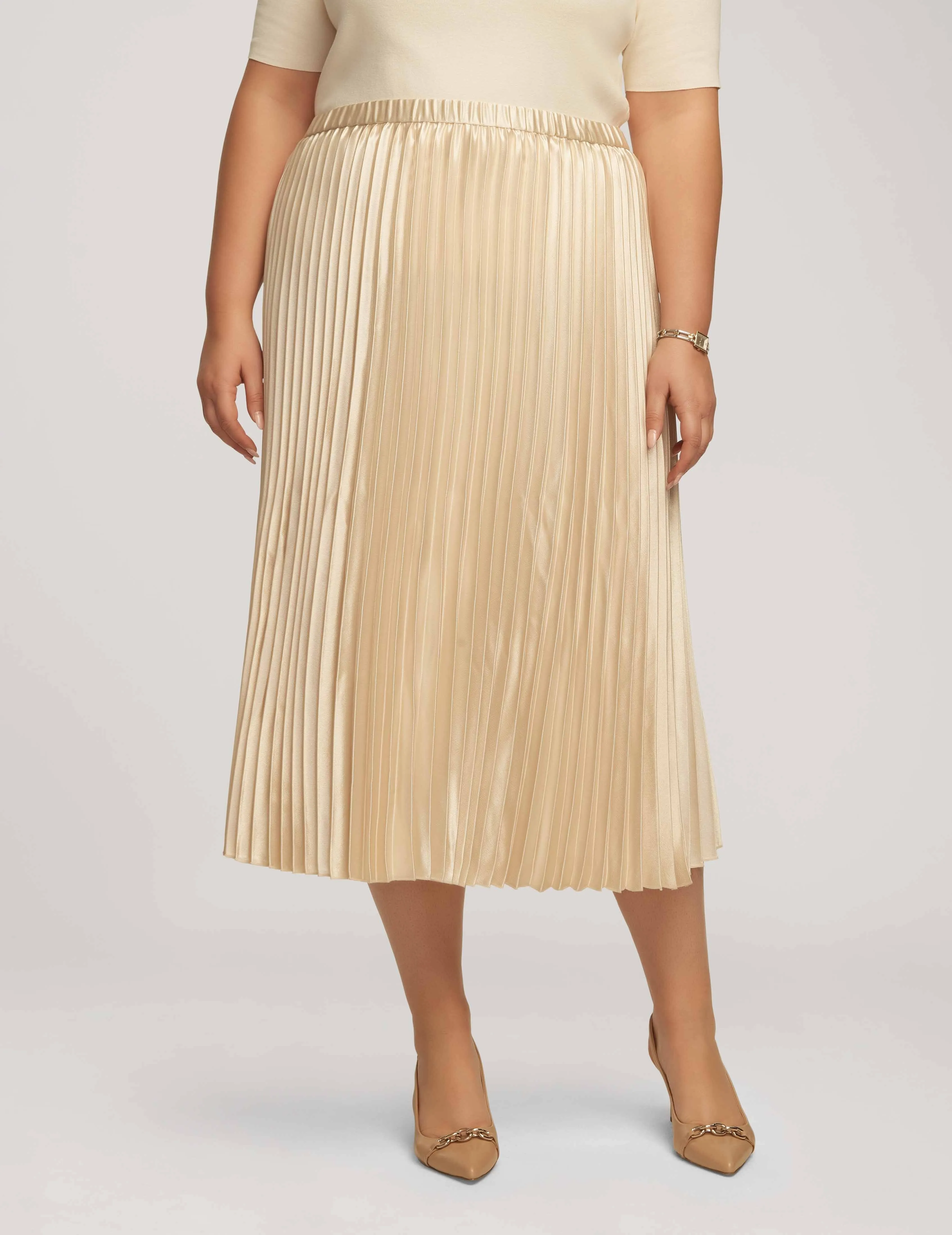 Plus Size Satin Crepe Pull On Pleated Skirt - Sale sold by Anne Klein