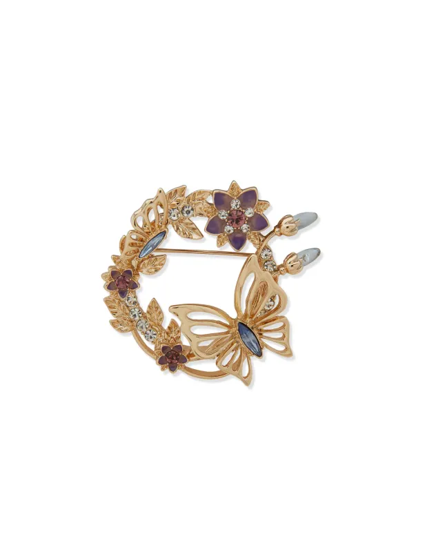 Flowers & Butterflies Wreath Pin - Purple sold by Anne Klein