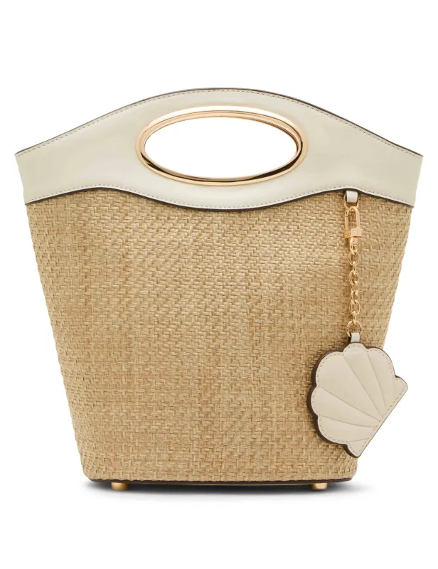 Oval Handle Straw Bucket with Shell Mirror sold by Anne Klein