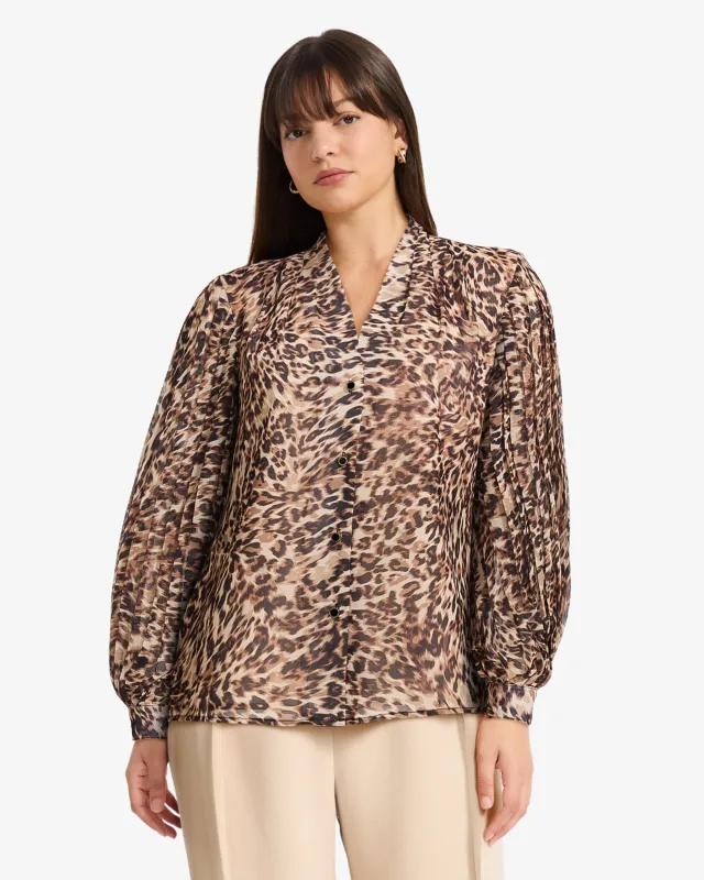 Petite Pleat Sleeve Button Front Long Sleeve Shirt sold by Anne Klein