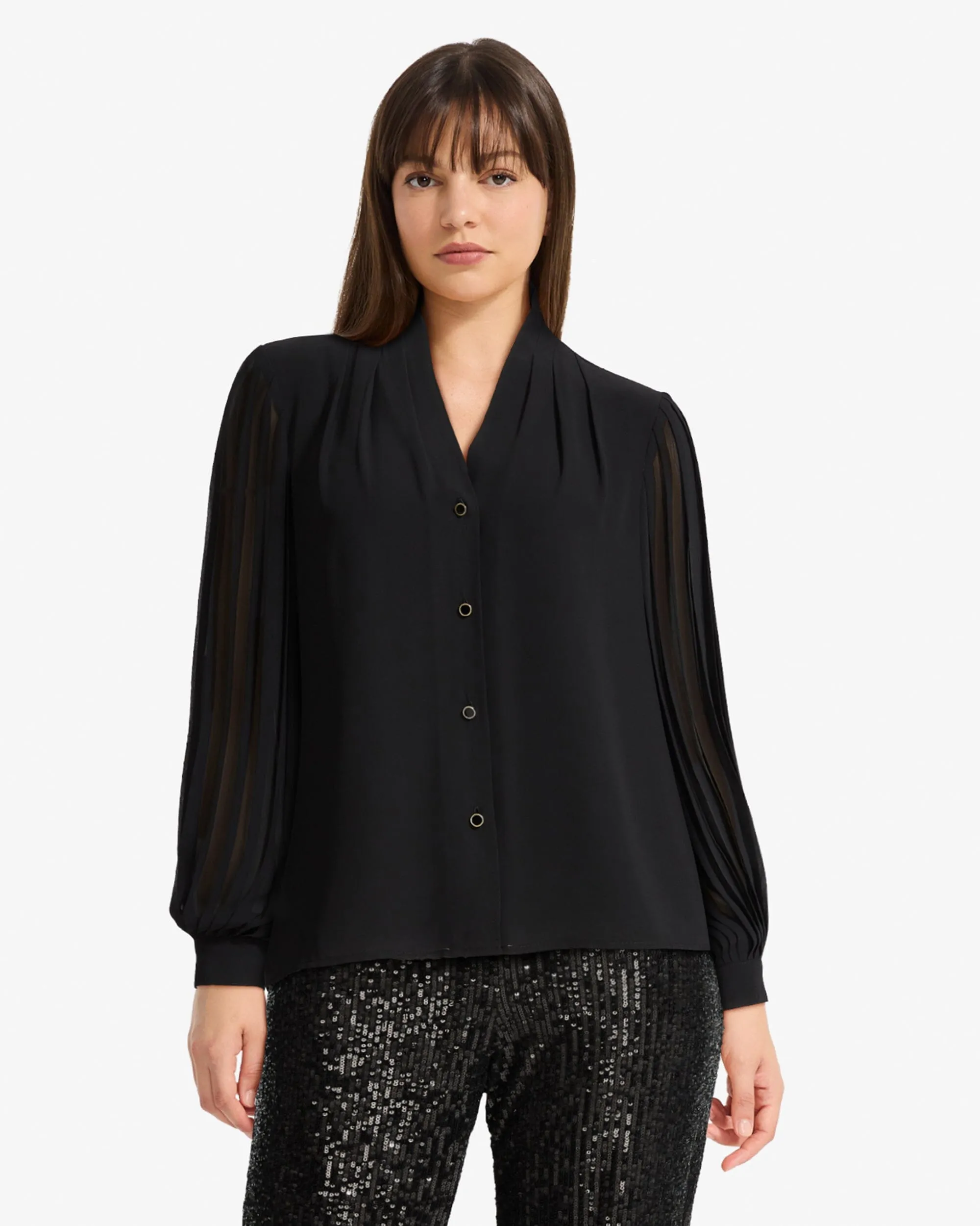 Button Front Pleated Long Sleeve Top sold by Anne Klein
