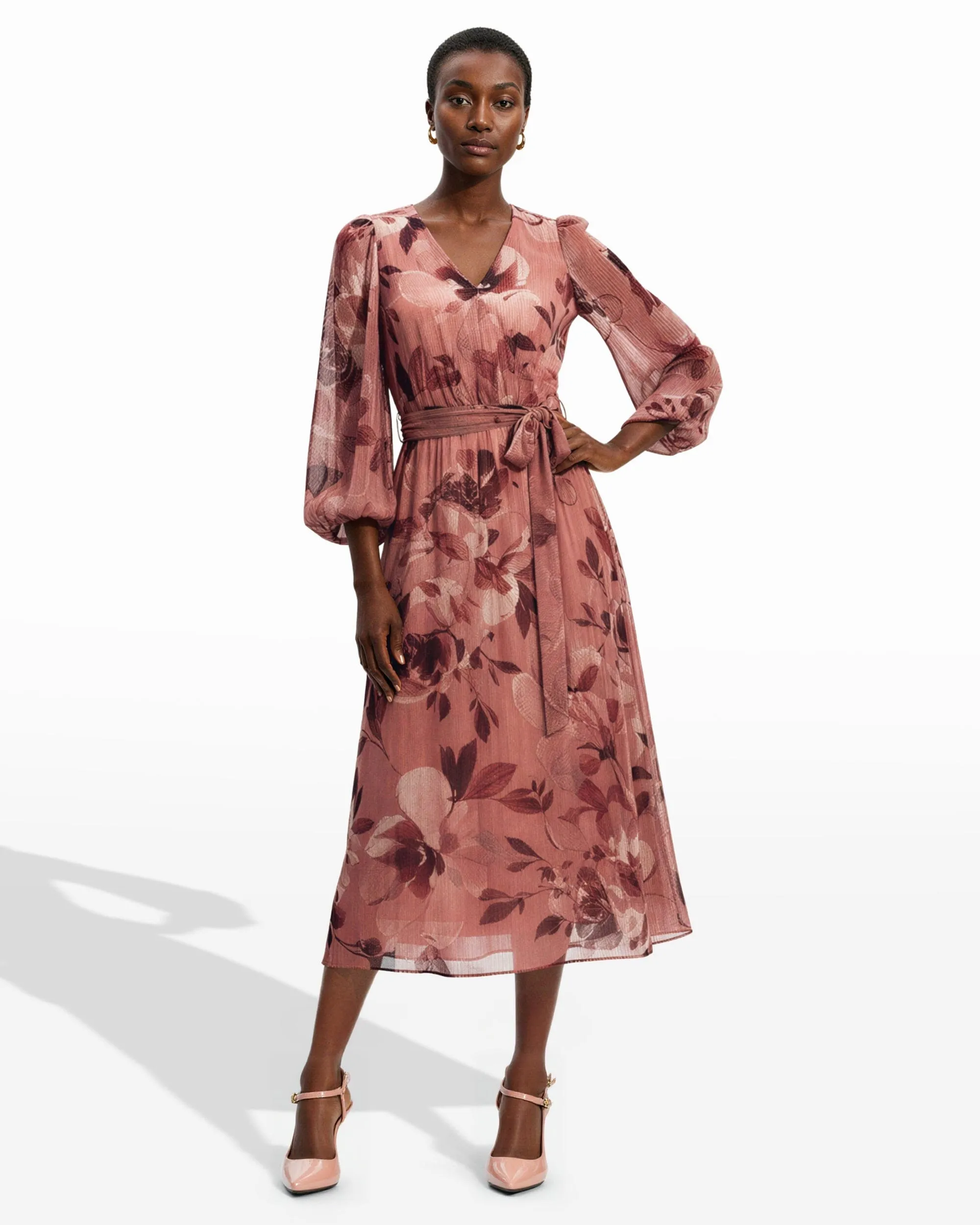 Three Quarter Sleeve Floral Chiffon Midi Dress sold by Anne Klein