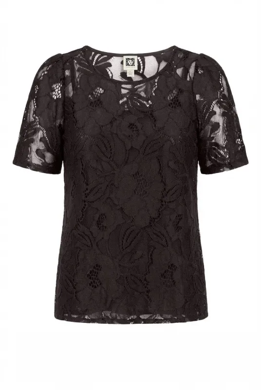 Jewel Neck Short Sleeve Floral Lace Overlay Tee sold by Anne Klein