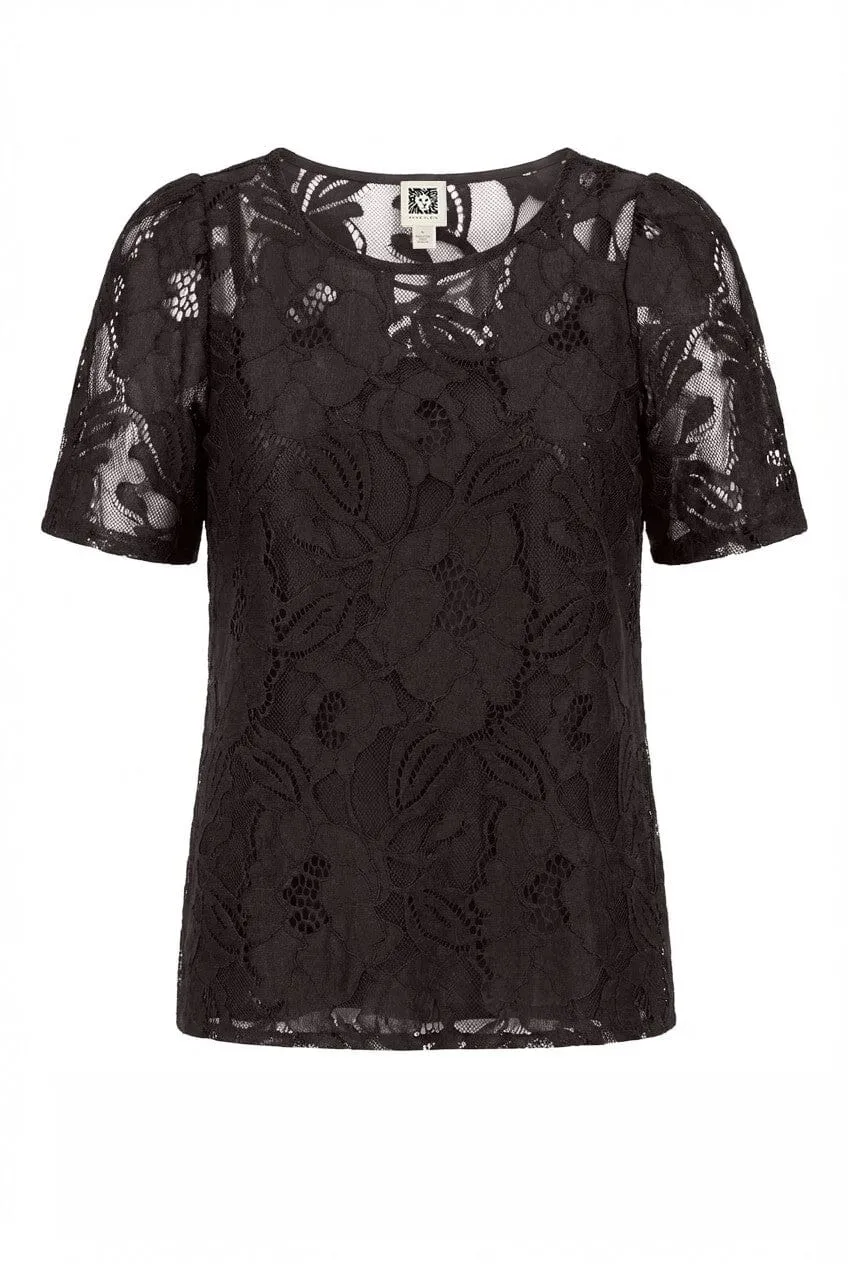 Jewel Neck Short Sleeve Floral Lace Overlay Tee sold by Anne Klein
