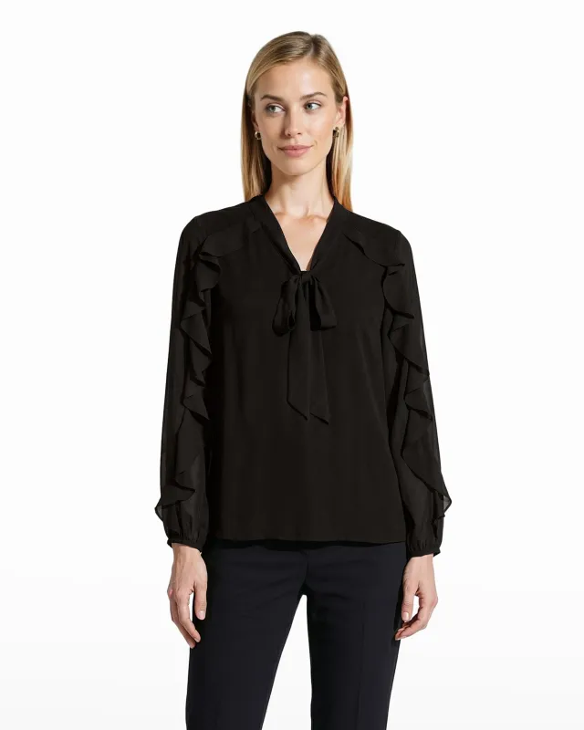 Ruffle Tie Neck Silk Long Sleeve Blouse sold by Anne Klein