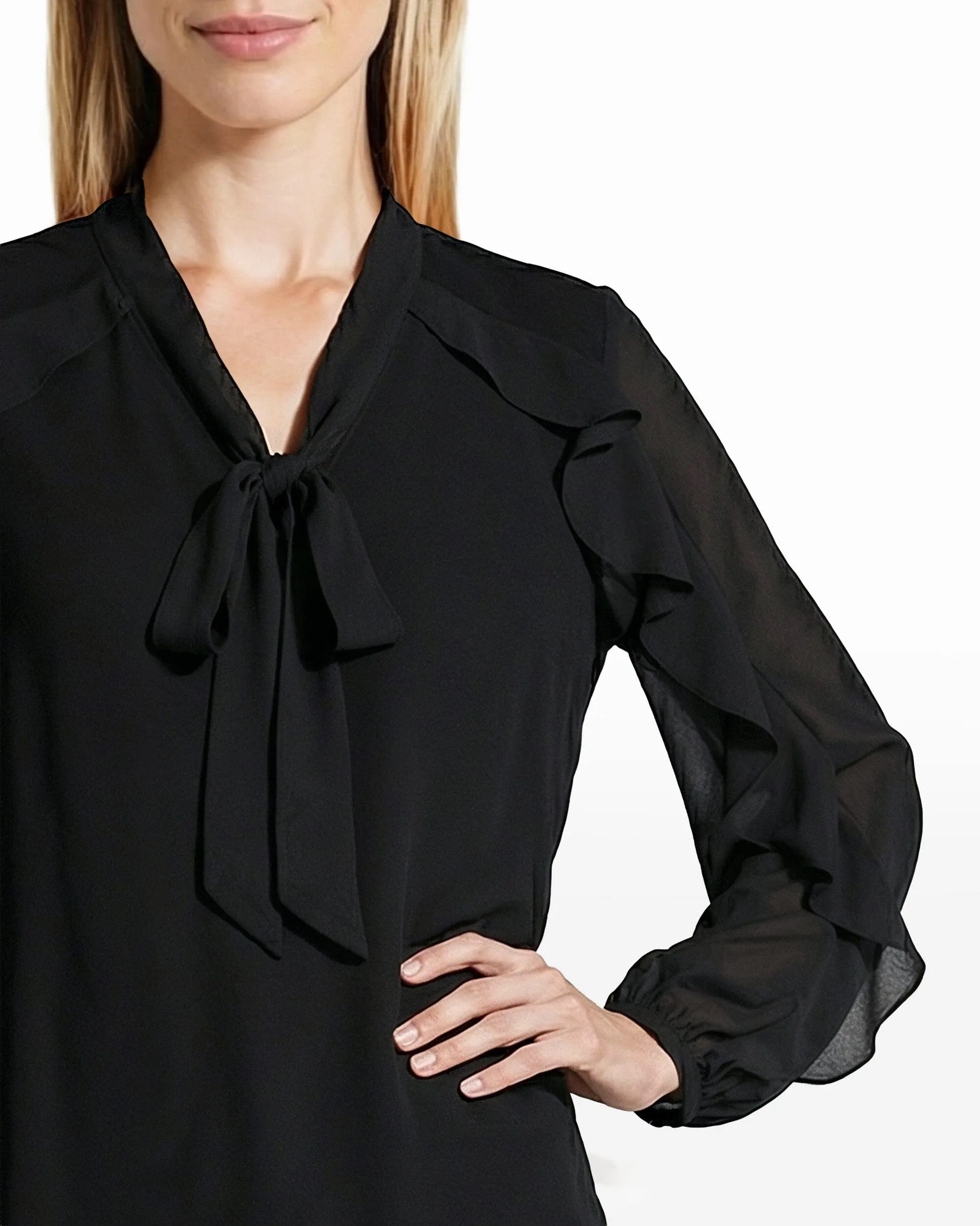 Ruffle Tie Neck Silk Long Sleeve Blouse sold by Anne Klein product image thumbnail 2