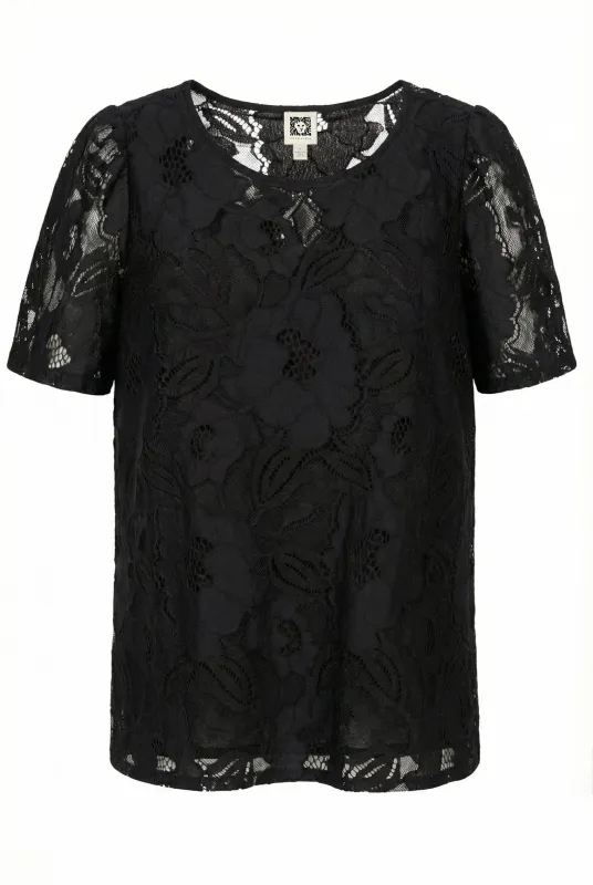 Plus Size Floral Lace Short Sleeve T-Shirt with Round Neckline sold by Anne Klein