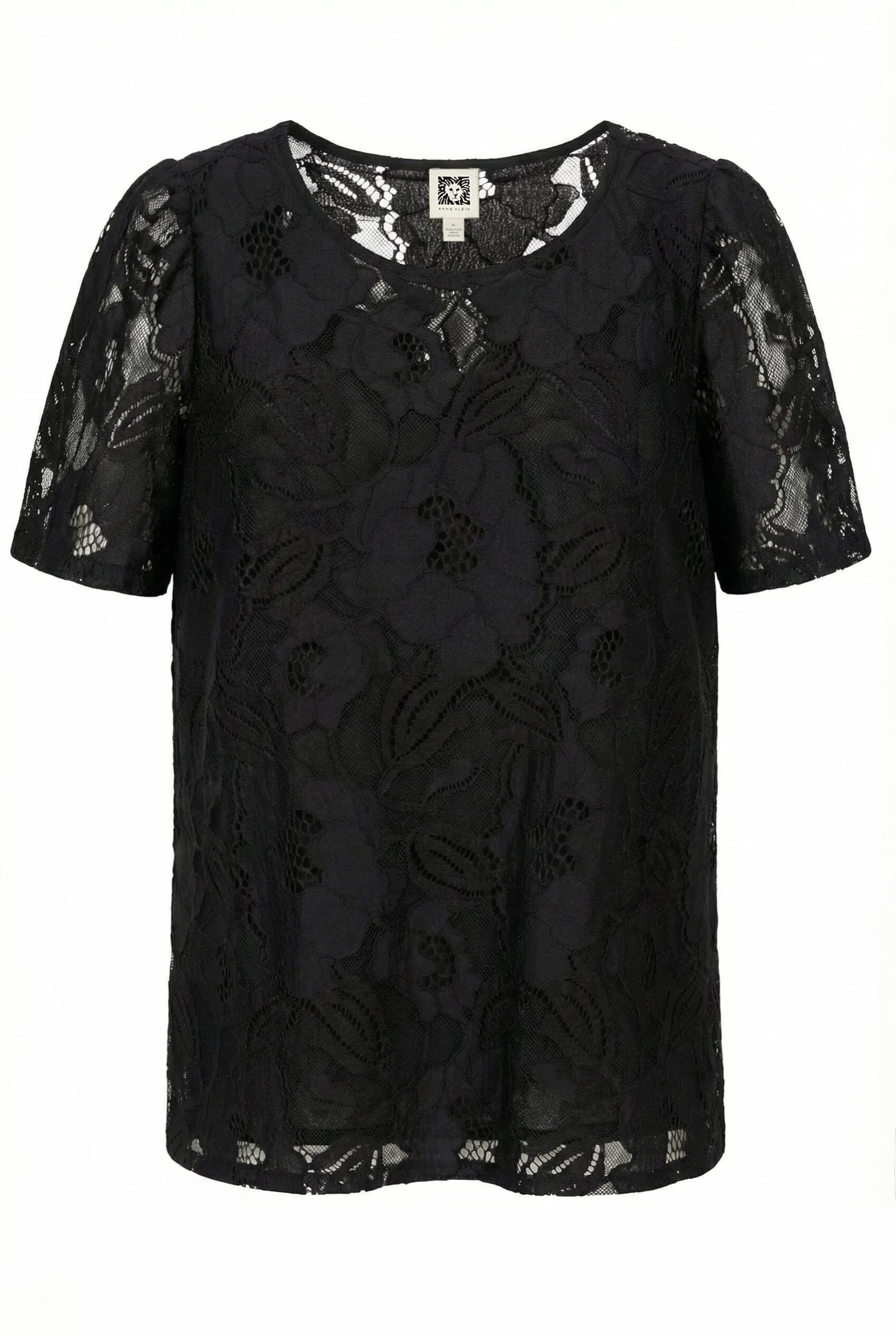 Plus Size Floral Lace Short Sleeve T-Shirt with Round Neckline sold by Anne Klein