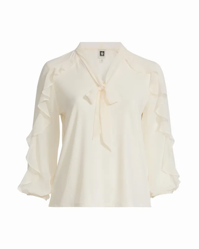 Plus Size Long Sleeve Ruffle detail Tie Neck Top sold by Anne Klein
